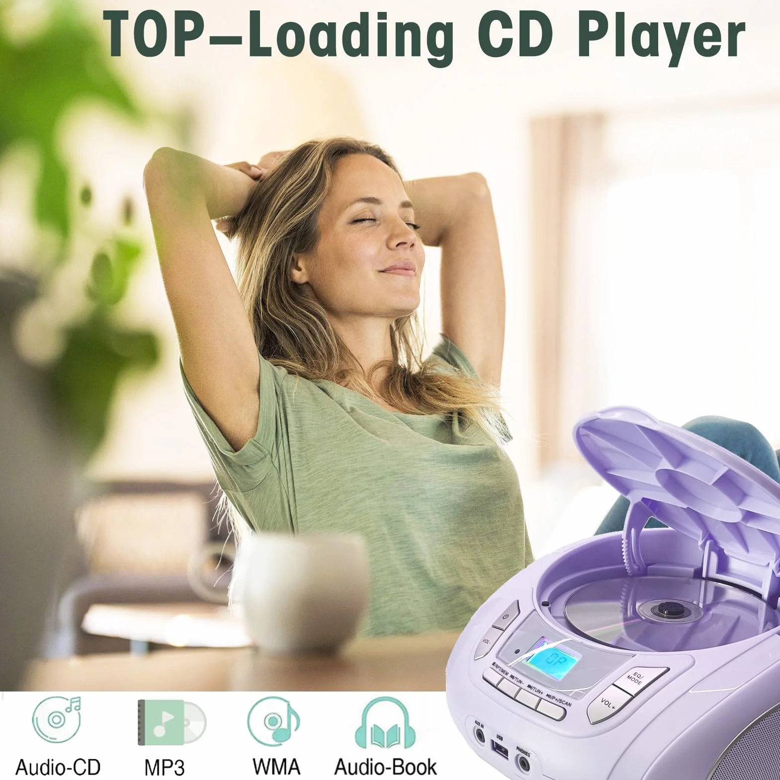 Lecteur CD Portable Boombox Enfants Bluetooth Radio FM MP3 USB AUX Prise Casque Son Stéréo Violet