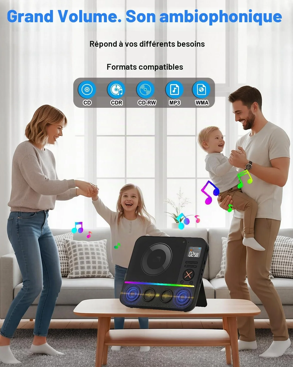 Lecteur CD Portable Bluetooth avec Radio FM, Écran LED RVB, Double Haut-Parleur, Compatible USB/AUX