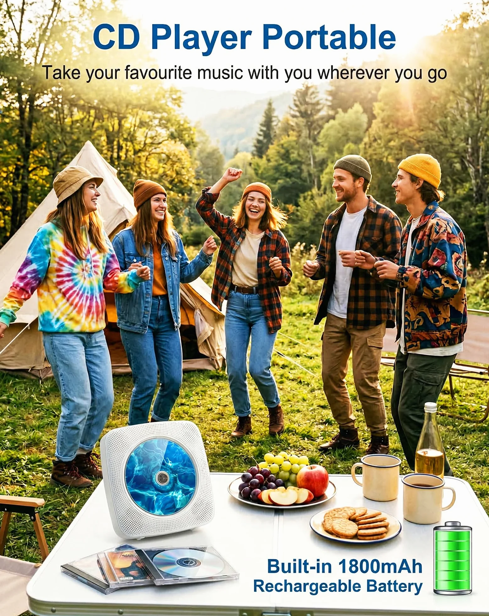 Lecteur CD Portable Bluetooth Radio Haut-Parleur Intégré USB AUX Télécommande Blanc