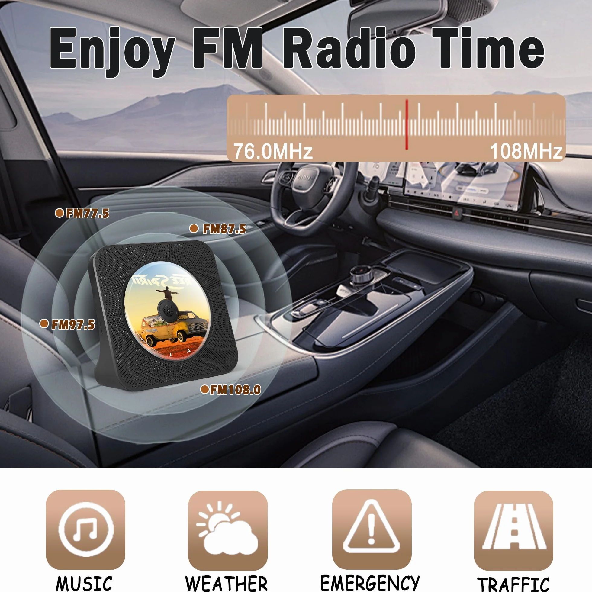 Lecteur CD Portable Bluetooth 4000mAh Rechargeable Voiture HiFi avec Télécommande USB AUX FM Radio Noir
