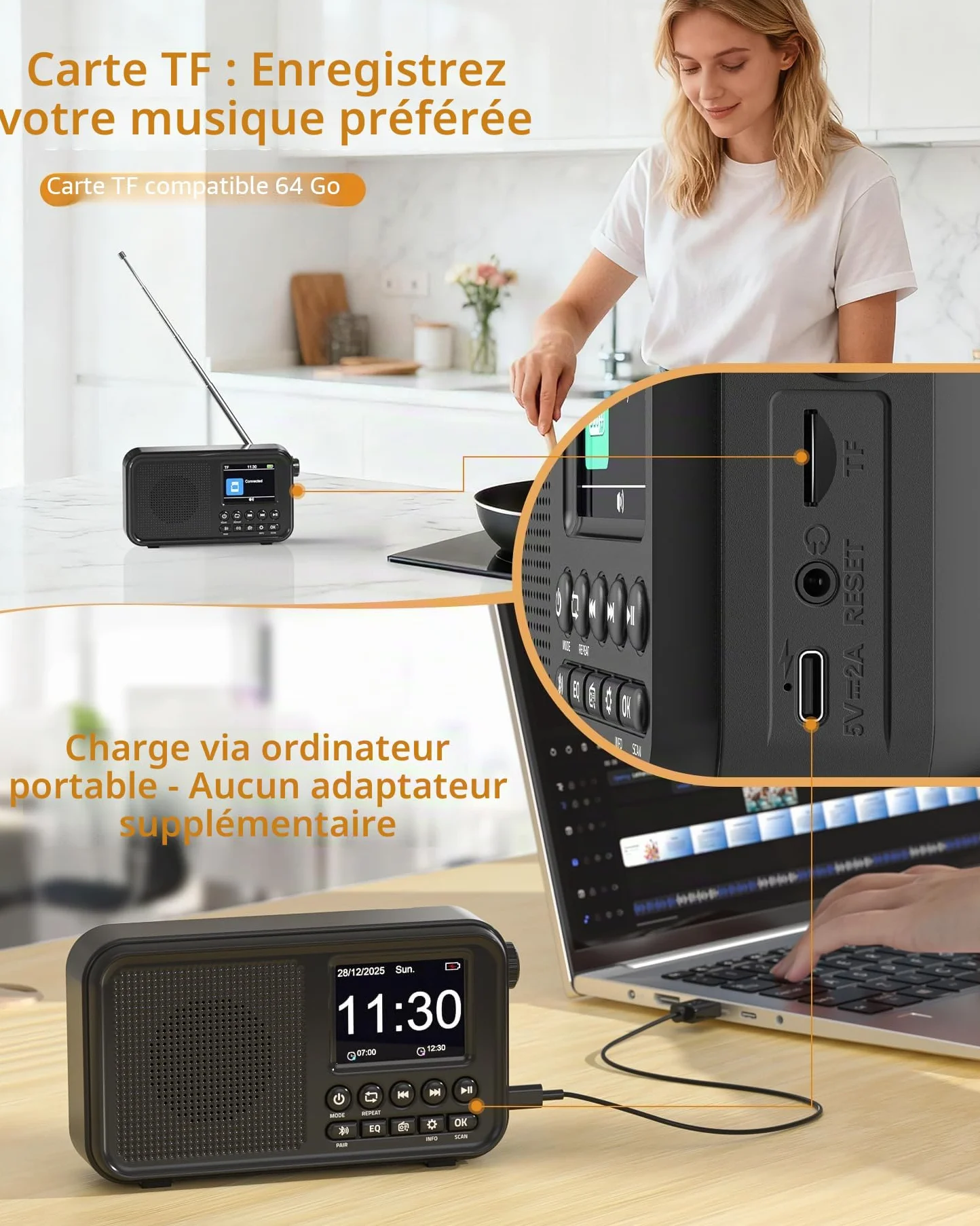 Mesqool Radio Numérique DAB/FM Bluetooth, Batterie 3000mAh, Type-C, 40 Stations FM et DAB Préréglées, Double Alarme