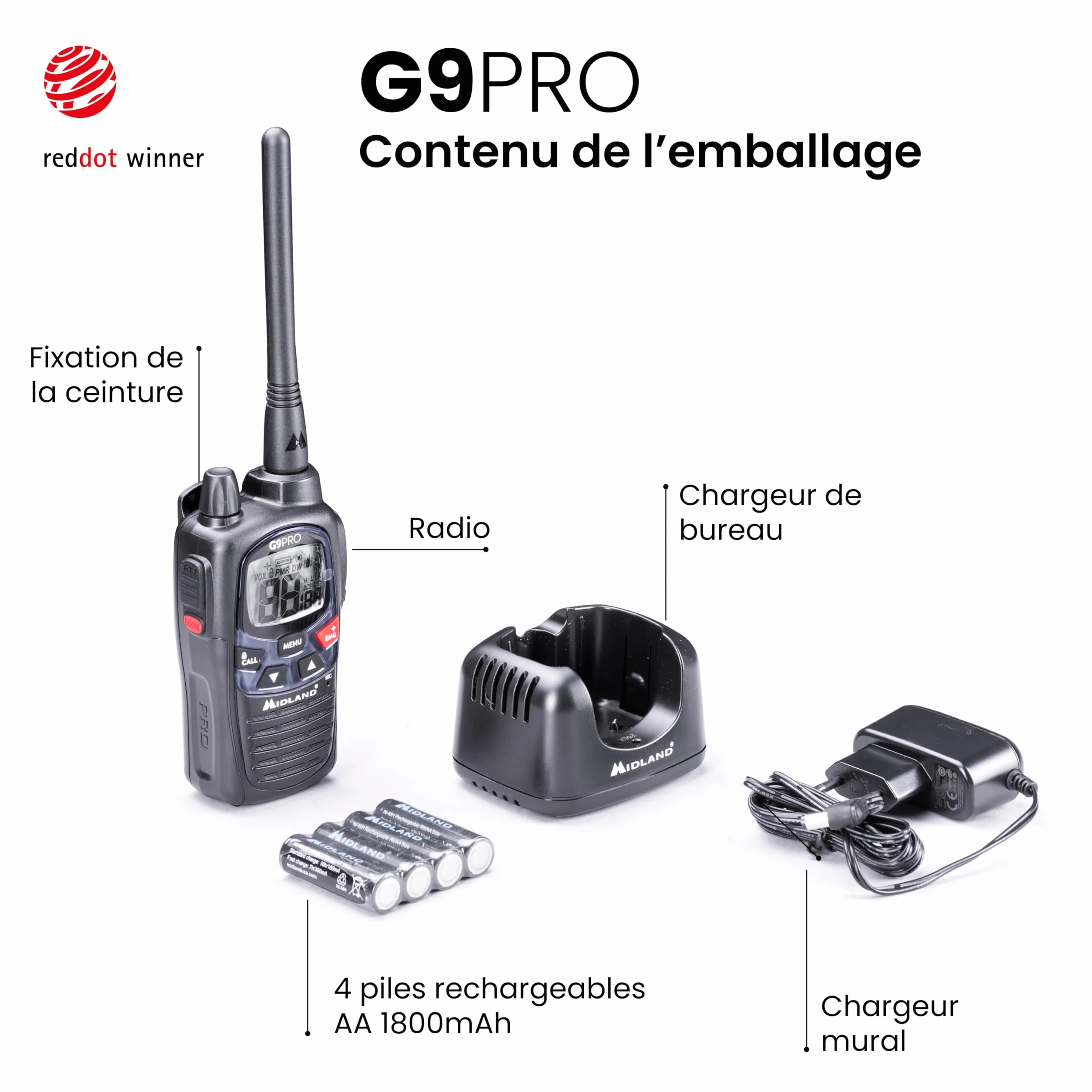 Midland G9 PRO Talkie Walkie Longue Portée 12Km Professionnel IPX4 Étanche 103 Canaux PMR446 LPD Autonomie 23H