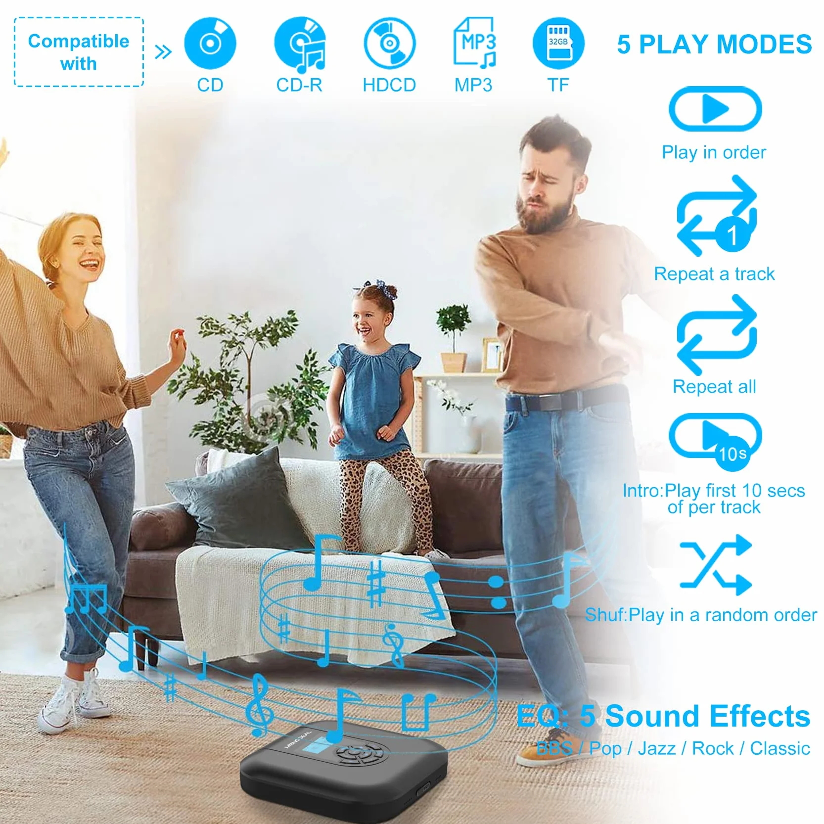 MONODEAL lecteur portable Bluetooth rechargeable avec haut-parleur et émetteur FM CD voiture