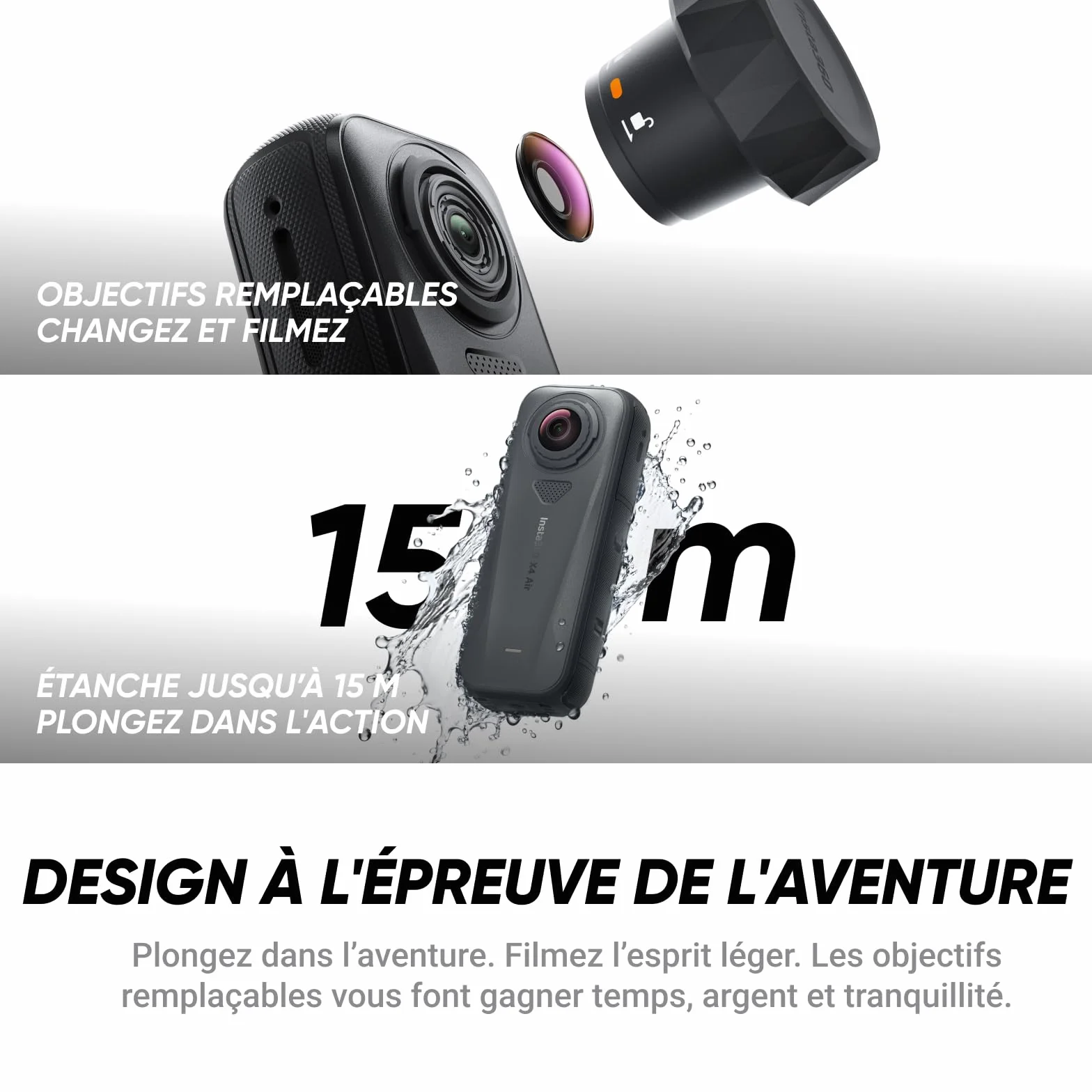Insta360 X4 Air Pack démarrage Noir Graphite Caméra 360 8K étanche légère 165g Perche Selfie Invisible objectifs remplaçables Pare-Vent dashcam Moto