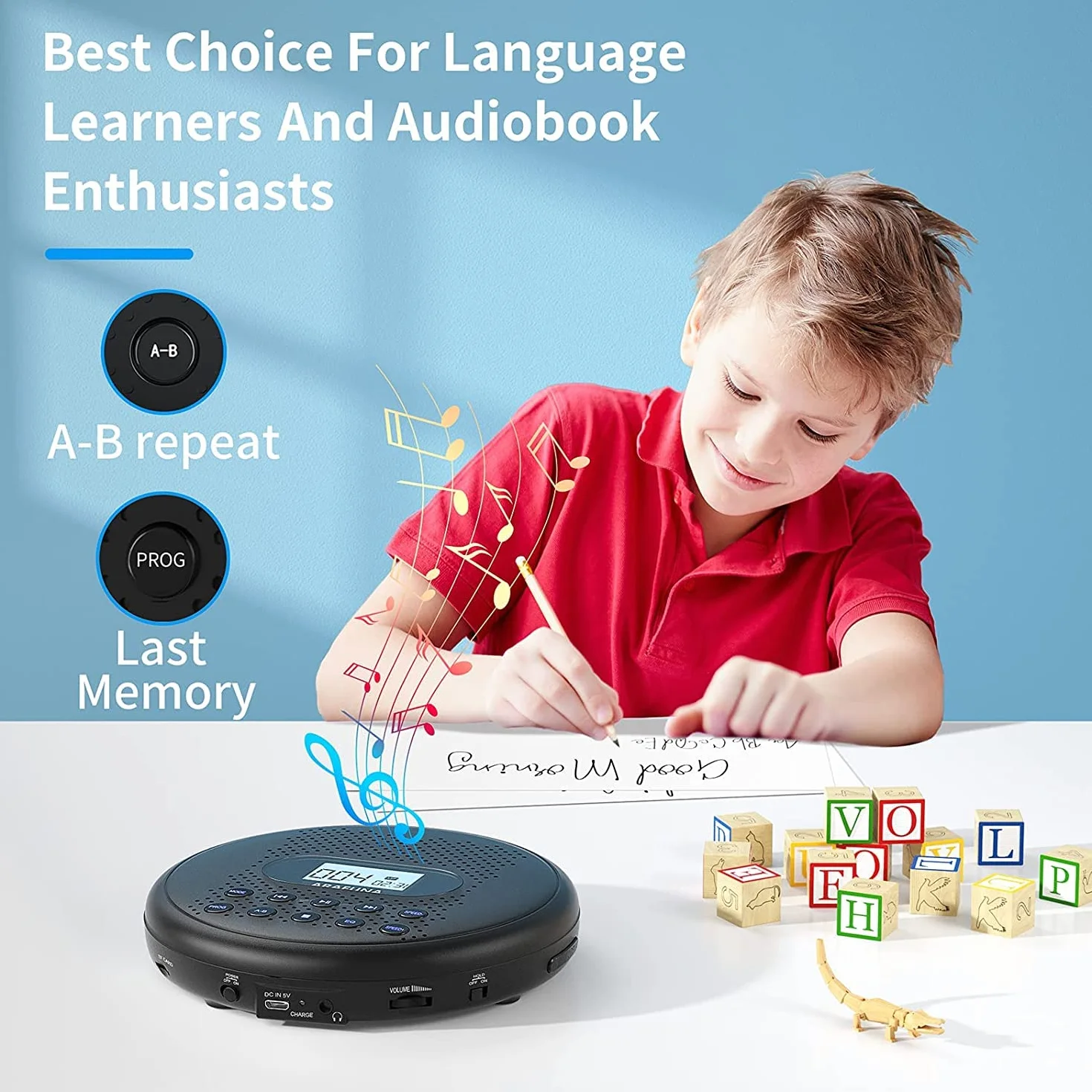 Lecteur CD Portable Arafuna avec Batterie Lithium 1400 mAh, Protection Anti-Saut, Casque et câble AUX