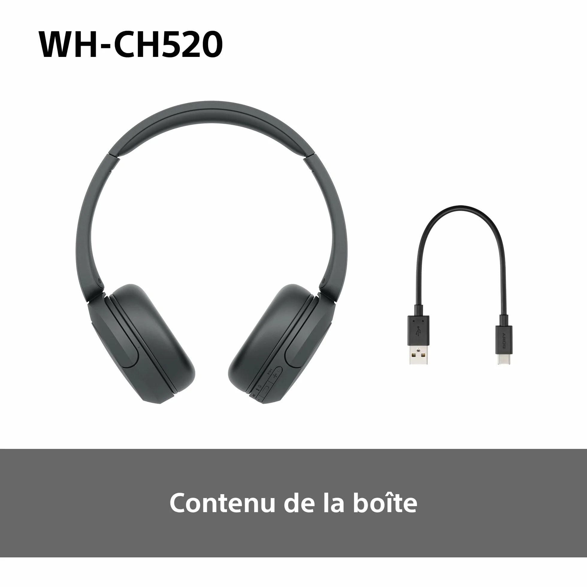 Casque Bluetooth sans Fil Sony WH-CH520, Multipoint, Micro intégré, 50 Heures Autonomie, Charge Rapide, Noir