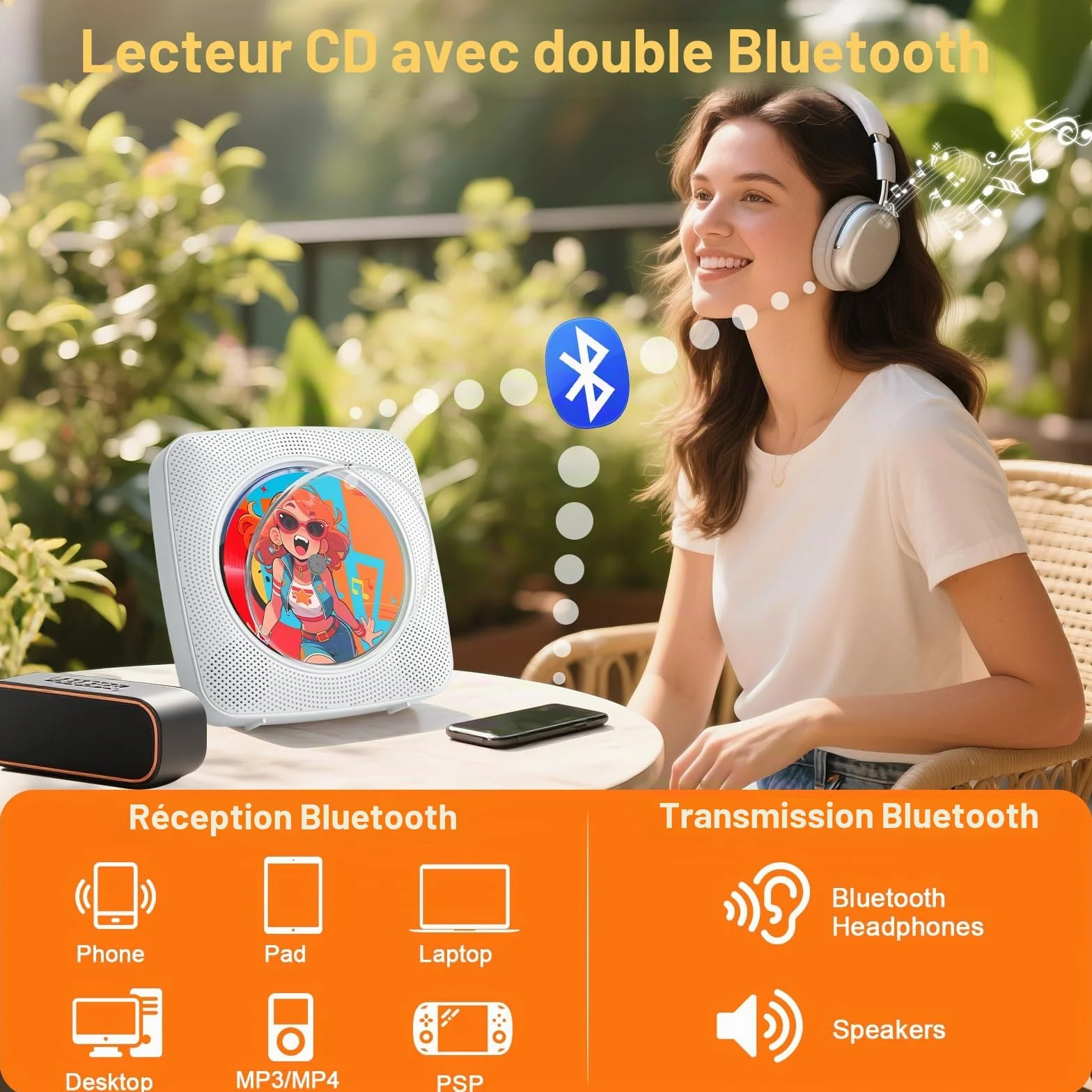 Gueray Lecteur CD Portable Bluetooth 1800 mAh Radio USB AUX Blanc