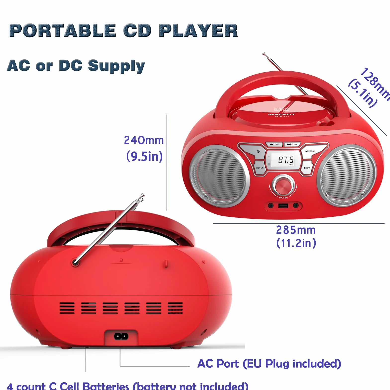 Lecteur CD Bluetooth Radio FM Stéréo Portable avec USB AUX MP3 CD-R