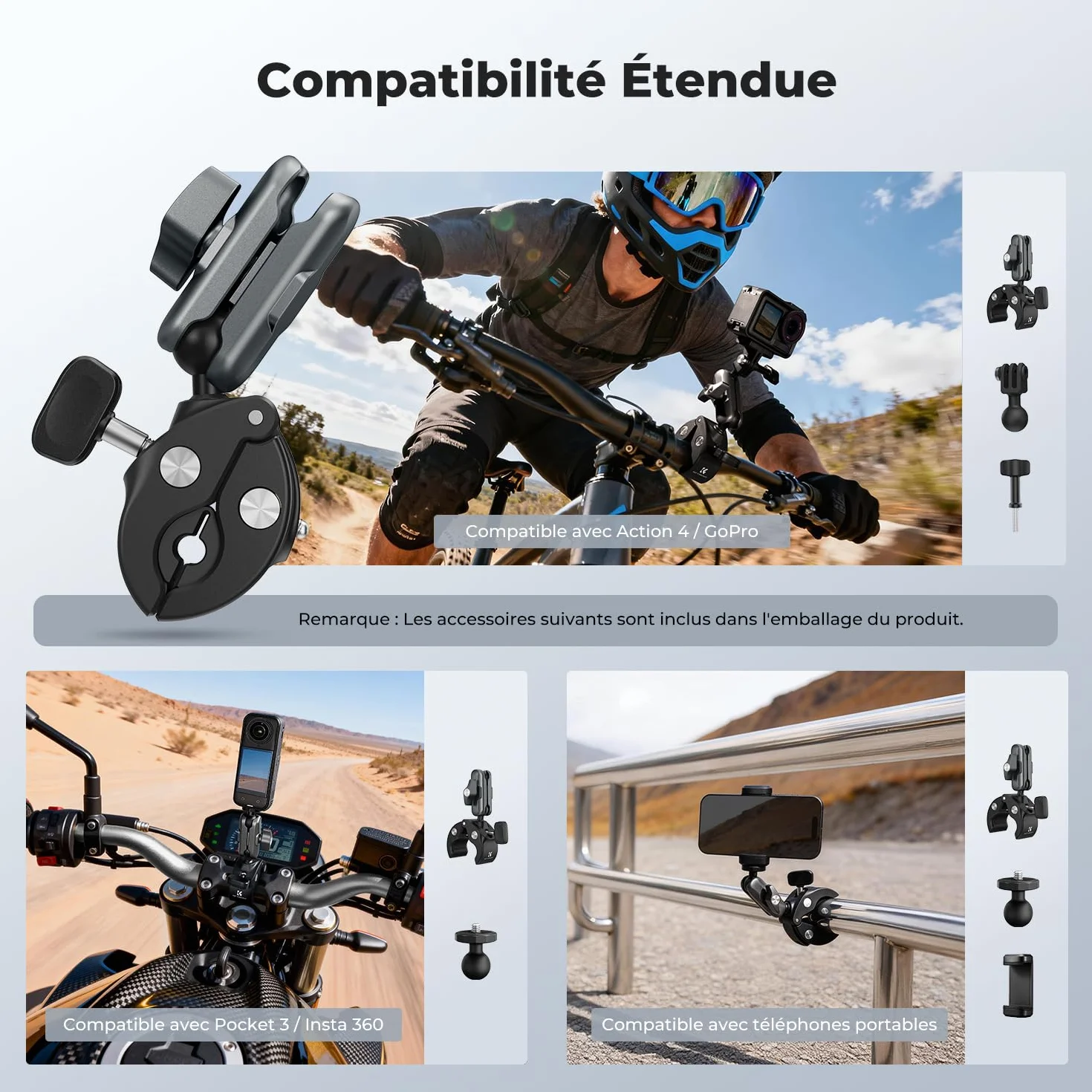 K&F CONCEPT Support Super Pinces pour Caméra Double Tête à Sphère 360° Compatible GoPro Hero 13/12 Insta360 X5/X4 Osmo Action 5 Pocket 3