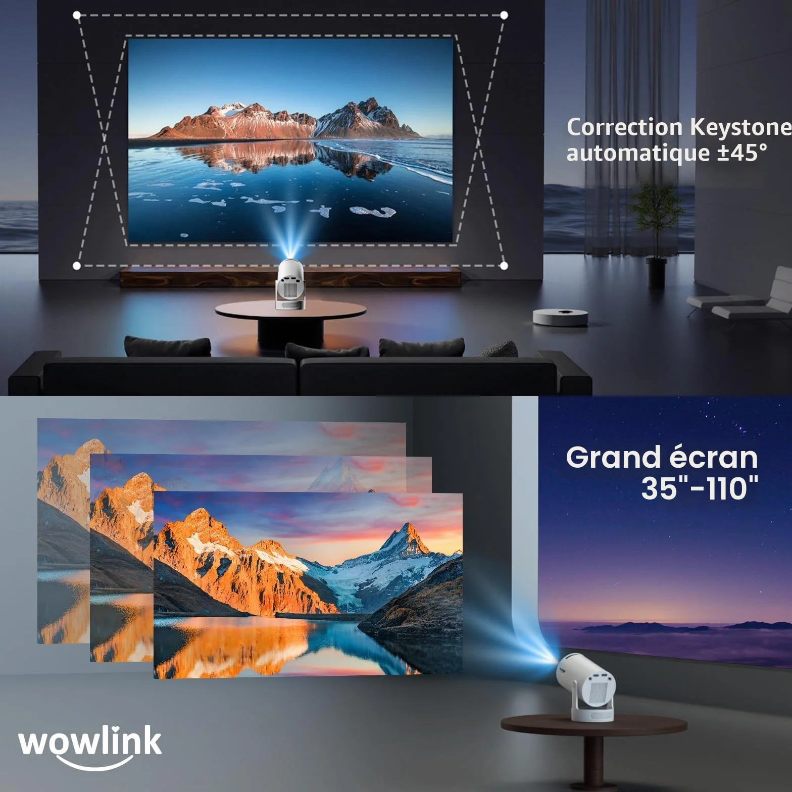 Vidéoprojecteur WiFi 6 Bluetooth 5.4 Mini Projecteur 4K 1080P Auto Keystone Rotation 180° HDMI TV Stick Laptop Blanc