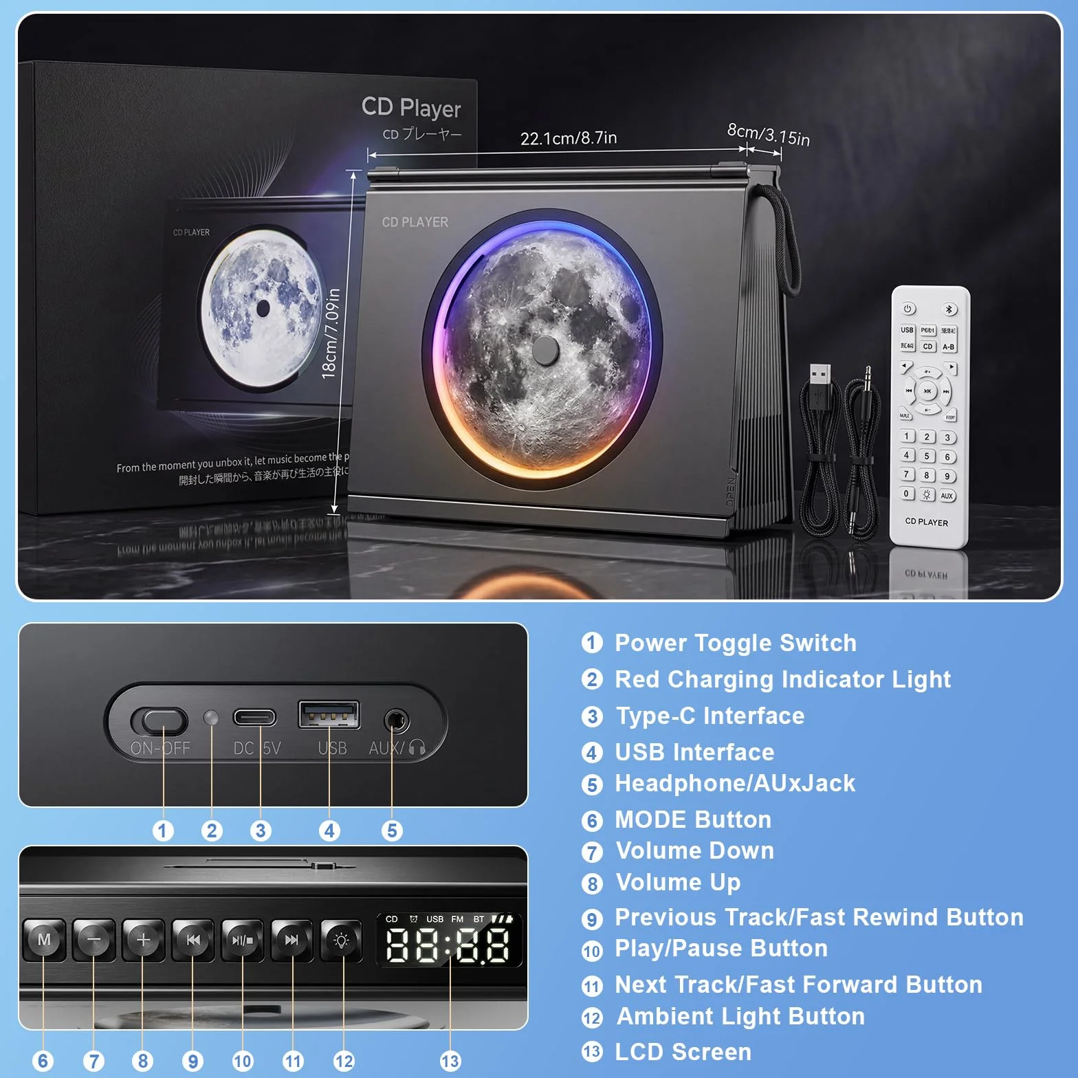Lecteur CD Portable Bluetooth 5.3 Enceinte HiFi Batterie 4000mAh Rechargeable Design Bibliothèque