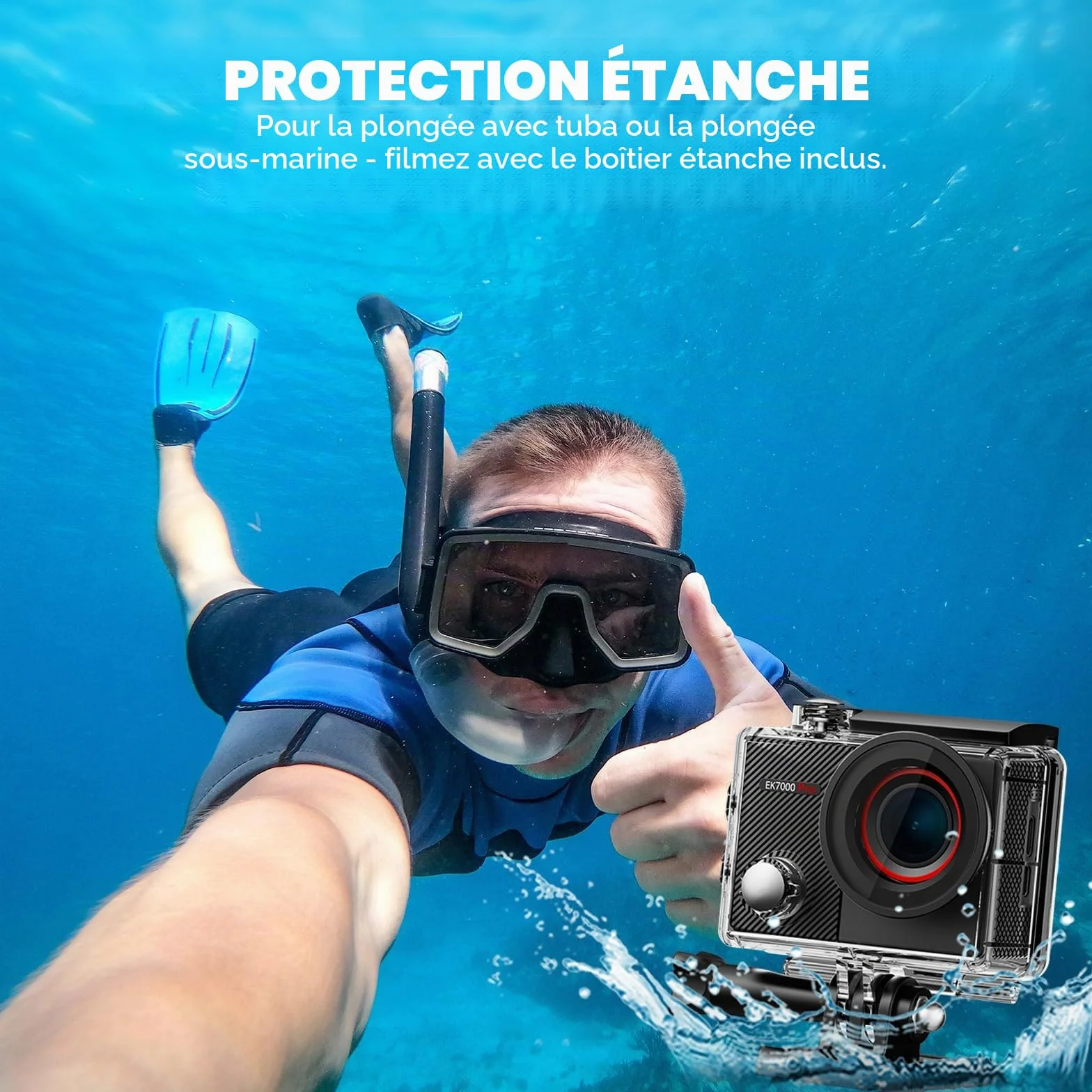 AKASO EK7000 Pro Caméra Sport 4K 64GB WiFi Action Caméra Sportive avec Ecran Tactile EIS Télécommande 170° Angle Réglable Étanche 40M 2 Batteries