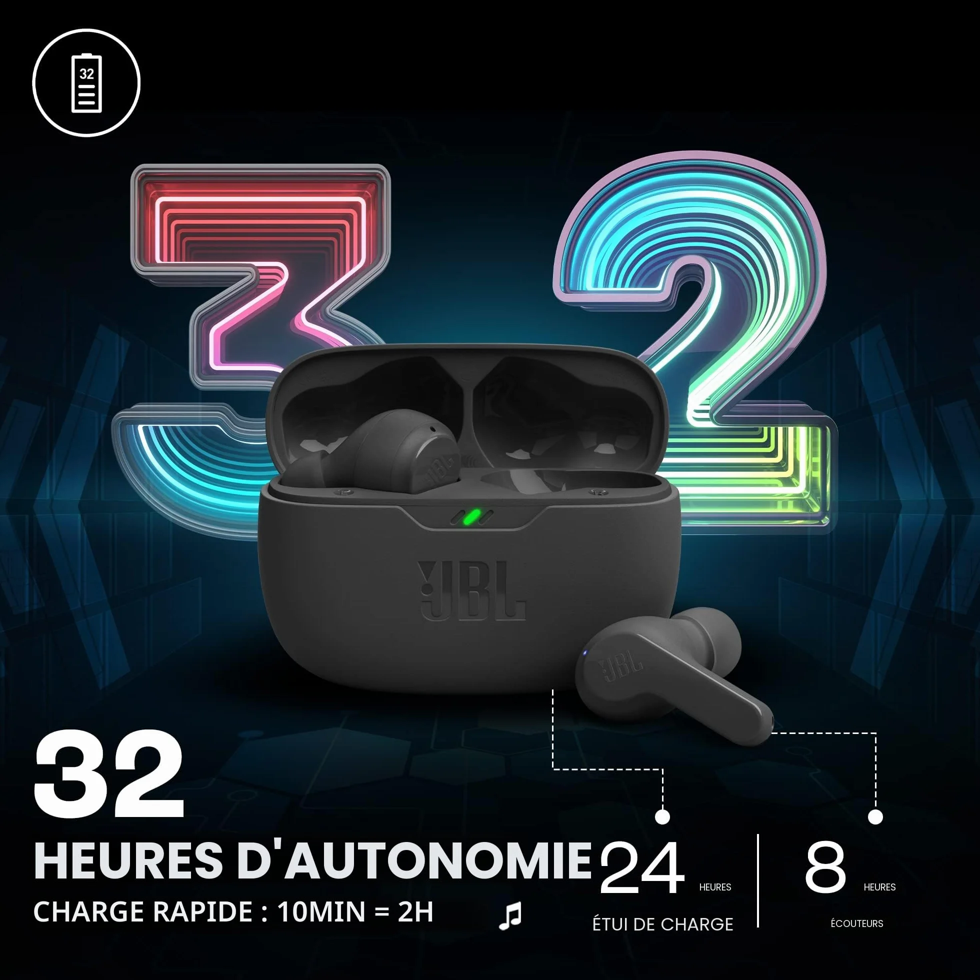 JBL Wave Beam Écouteurs Intra-Auriculaires sans Fil IP54 IPX2 Autonomie 32h Noir