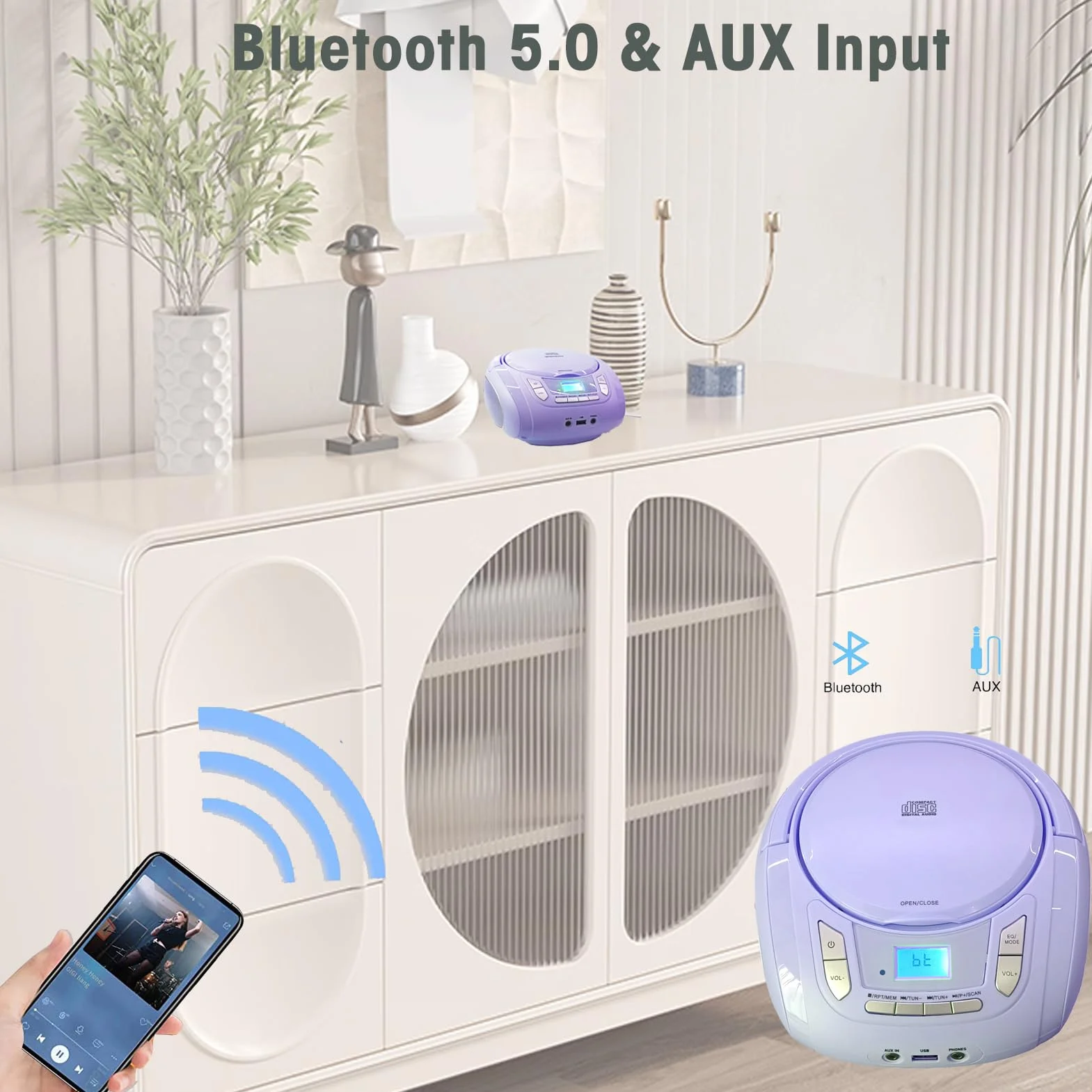 Lecteur CD Portable Boombox Enfants Bluetooth Radio FM MP3 USB AUX Prise Casque Son Stéréo Violet