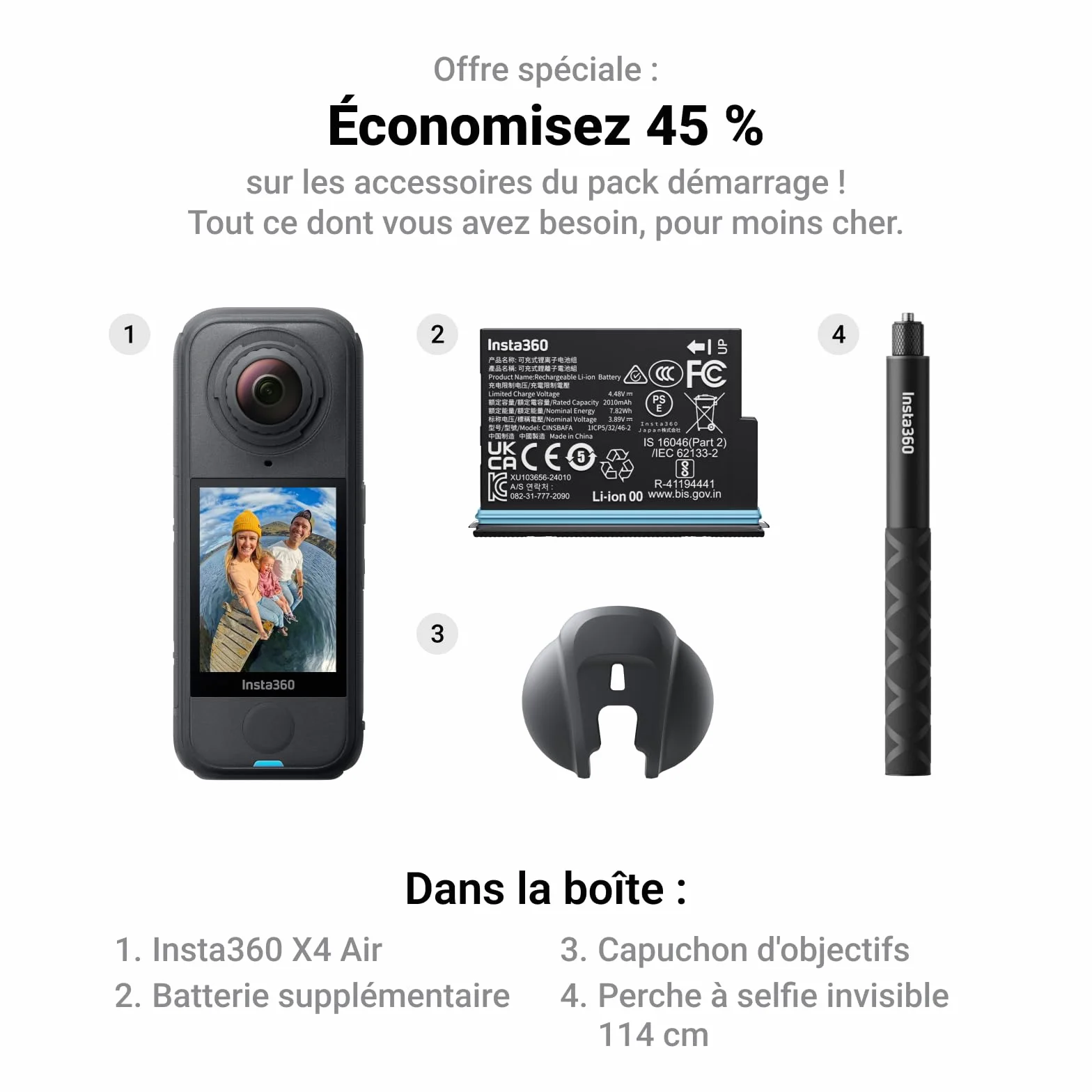Insta360 X4 Air Pack démarrage Noir Graphite Caméra 360 8K étanche légère 165g Perche Selfie Invisible objectifs remplaçables Pare-Vent dashcam Moto
