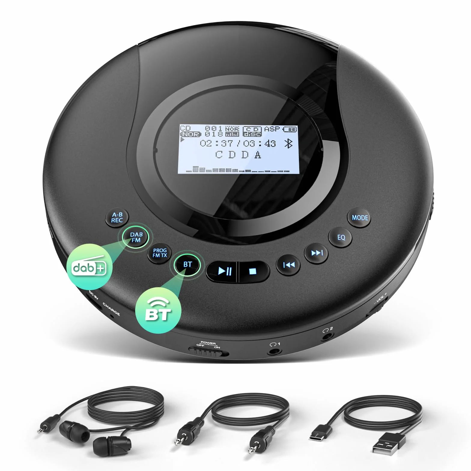 Arafuna Przenośny Odtwarzacz CD Bluetooth Radio DAB+/FM Antychokowy 2000 mAh Czarny