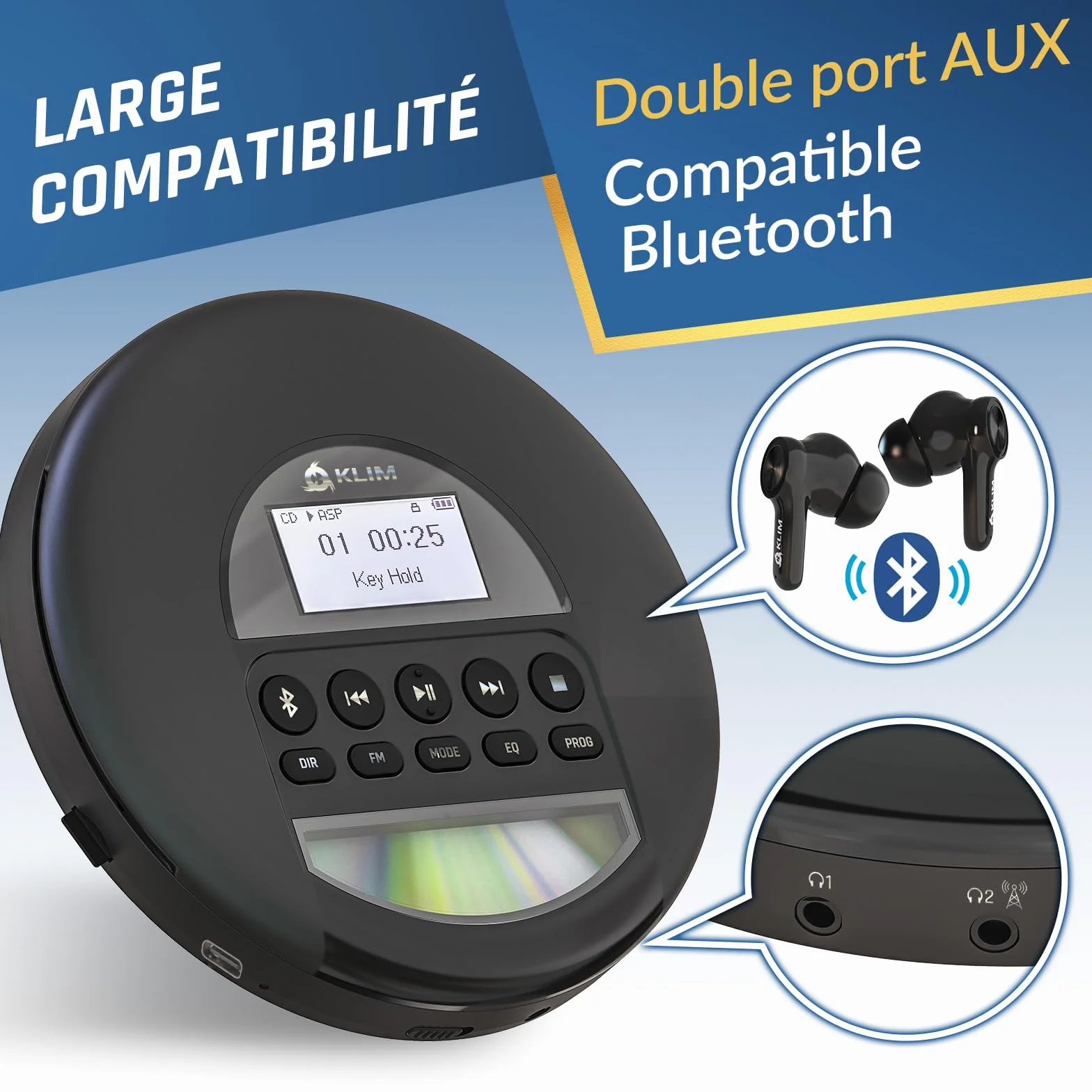 KLIM Nomad Lecteur CD Portable Bluetooth - Batterie Intégrée Longue Durée - Compatible CD-R, CD-RW, MP3 - Argent