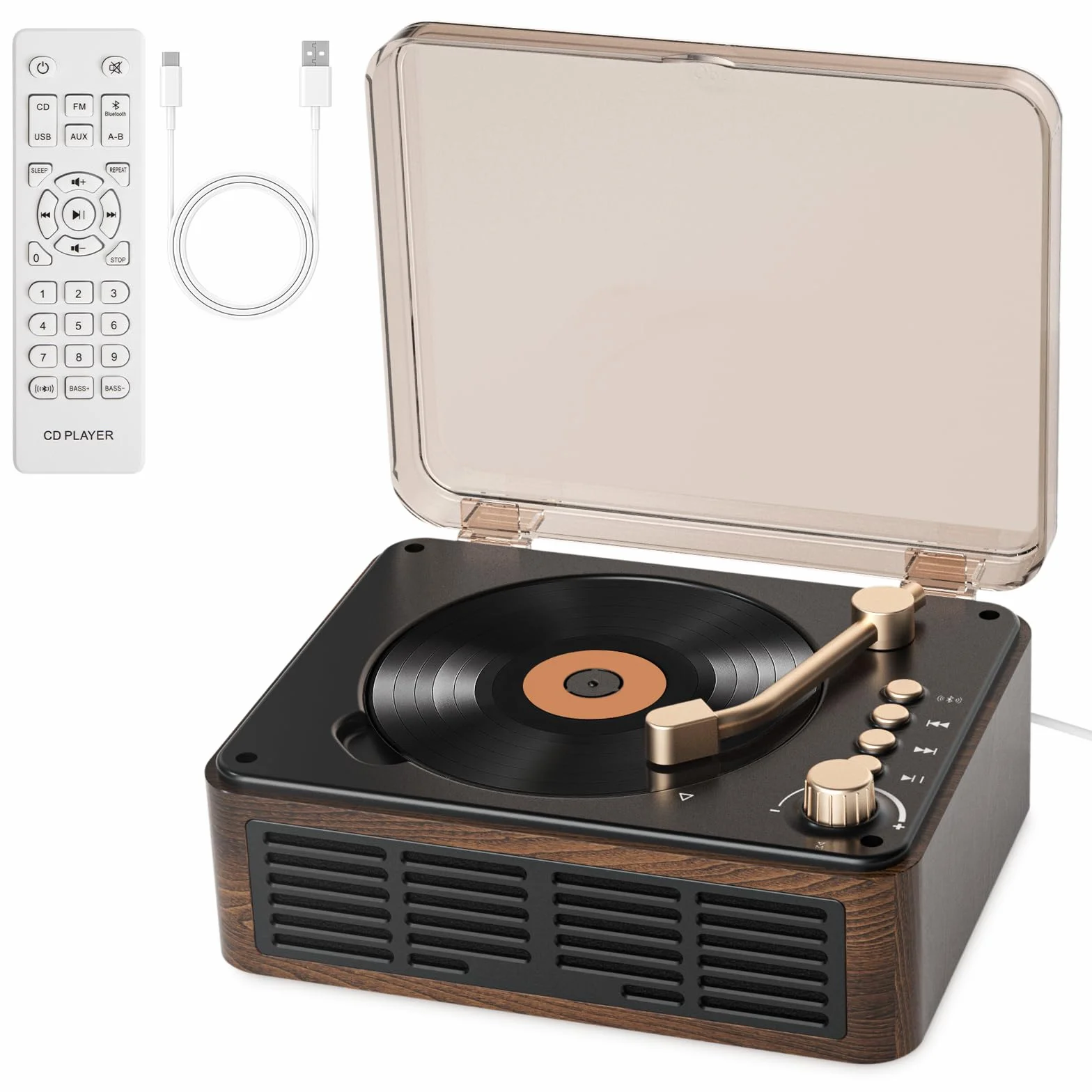 Gueray Lecteur CD Vintage Bluetooth HiFi avec Radio FM, USB/AUX/Type-C, Télécommande, Bois