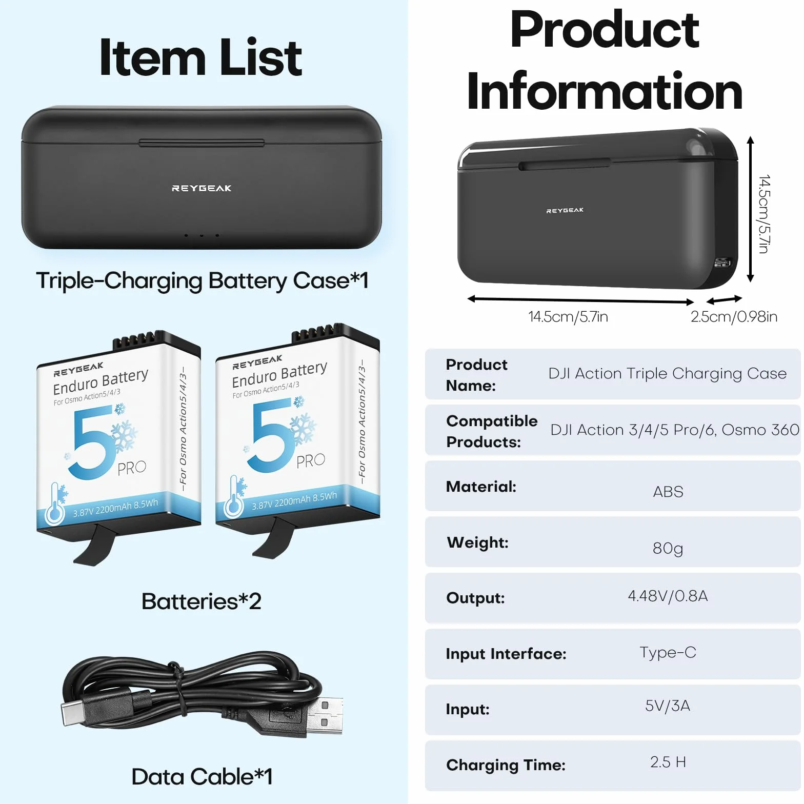 REYGEAK Batterie et Chargeur pour DJI Osmo Action 6/5/4/3, 2200mAh Chargeur Triple Accessoire