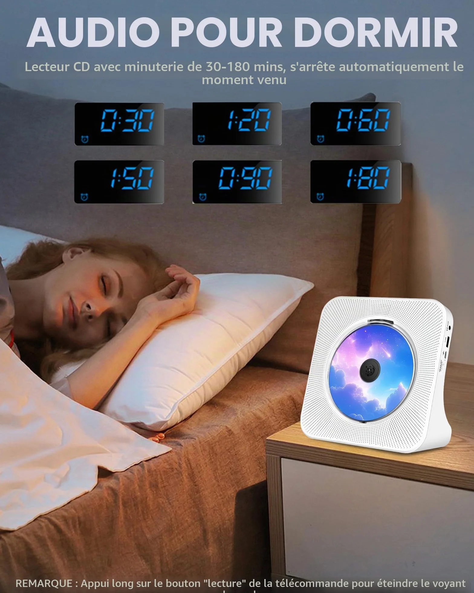 Lecteur CD Portable Rechargeable Bluetooth HiFi avec USB AUX FM Radio Blanc