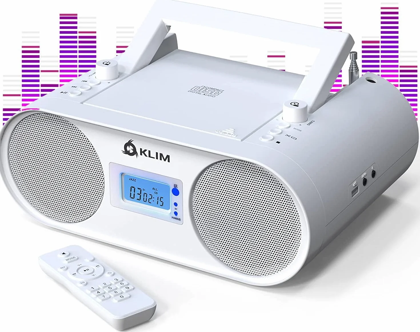 KLIM Boombox B4 Radio CD Portable AM/FM Bluetooth USB MP3 Filaire sans Fil Piles Rechargeables Télécommande Blanc