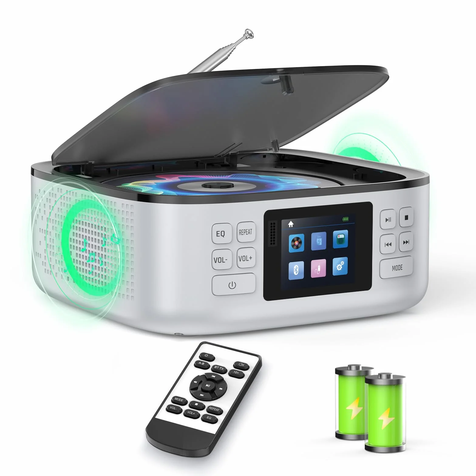 ARAFUNA Lecteur CD Portable Bluetooth Rechargeable avec Haut-parleurs, Radio FM, USB, AUX, écran LED Couleur, télécommande