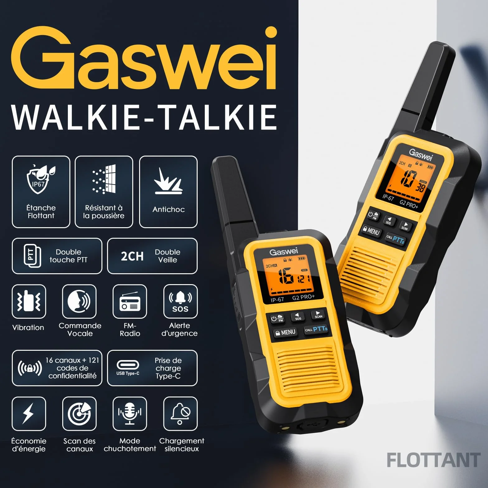 GASWEI G2Pro Talkie walkie Professionnel IP67 PMR446 Longue portée Double PTT VOX SOS Alerte Radio FM USB Chargeur 1800 mAh Lot de 2 Gelb