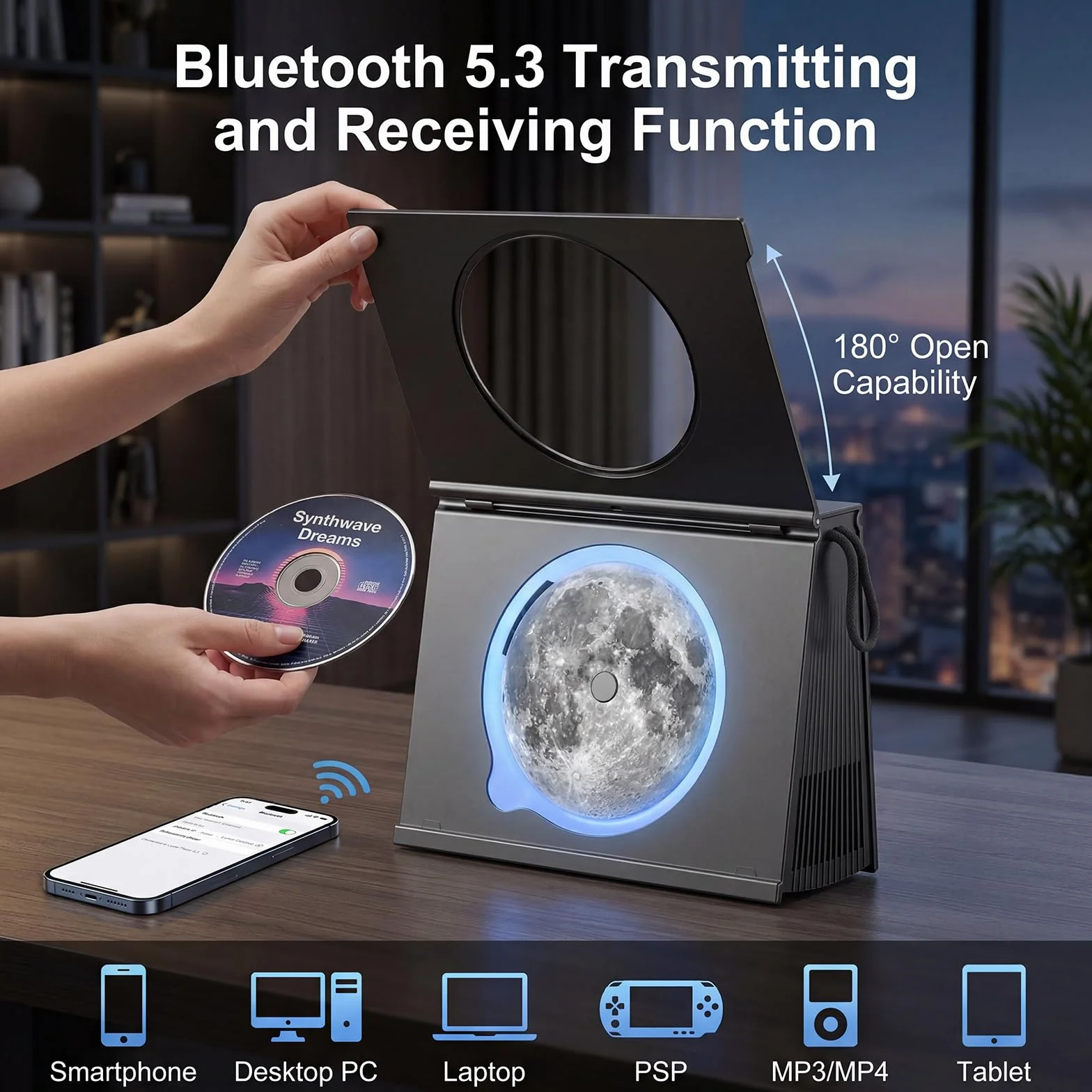 Lecteur CD Portable Bluetooth 5.3 Enceinte HiFi Batterie 4000mAh Rechargeable Design Bibliothèque
