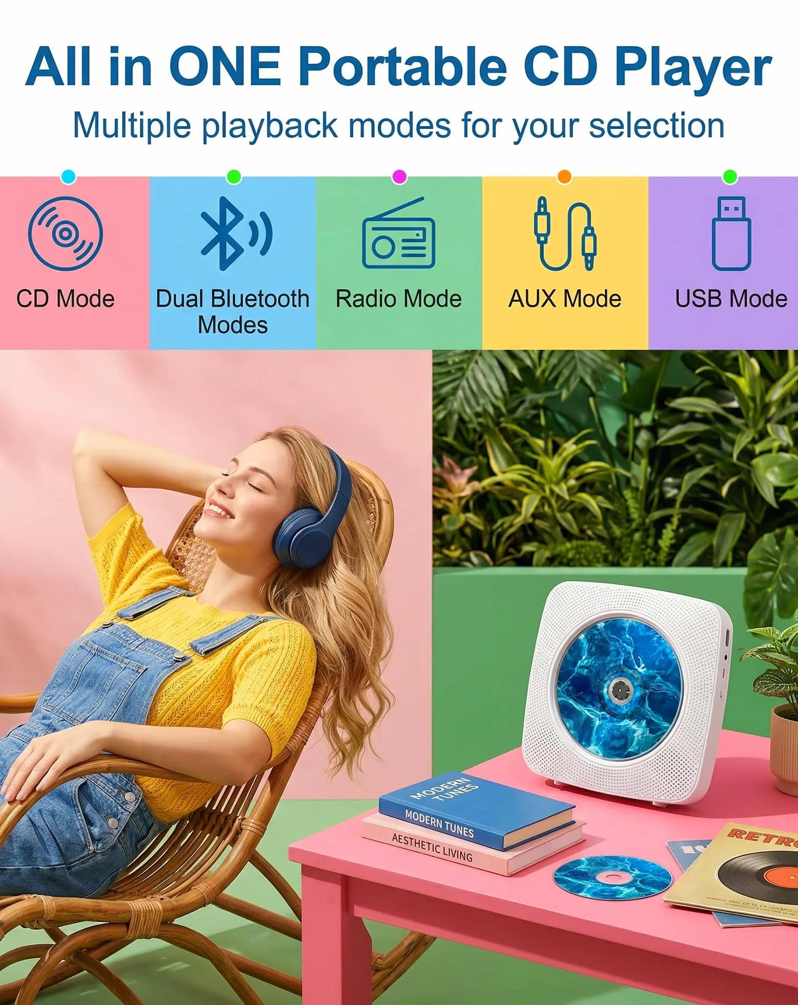 Lecteur CD Portable Bluetooth Radio Haut-Parleur Intégré USB AUX Télécommande Blanc