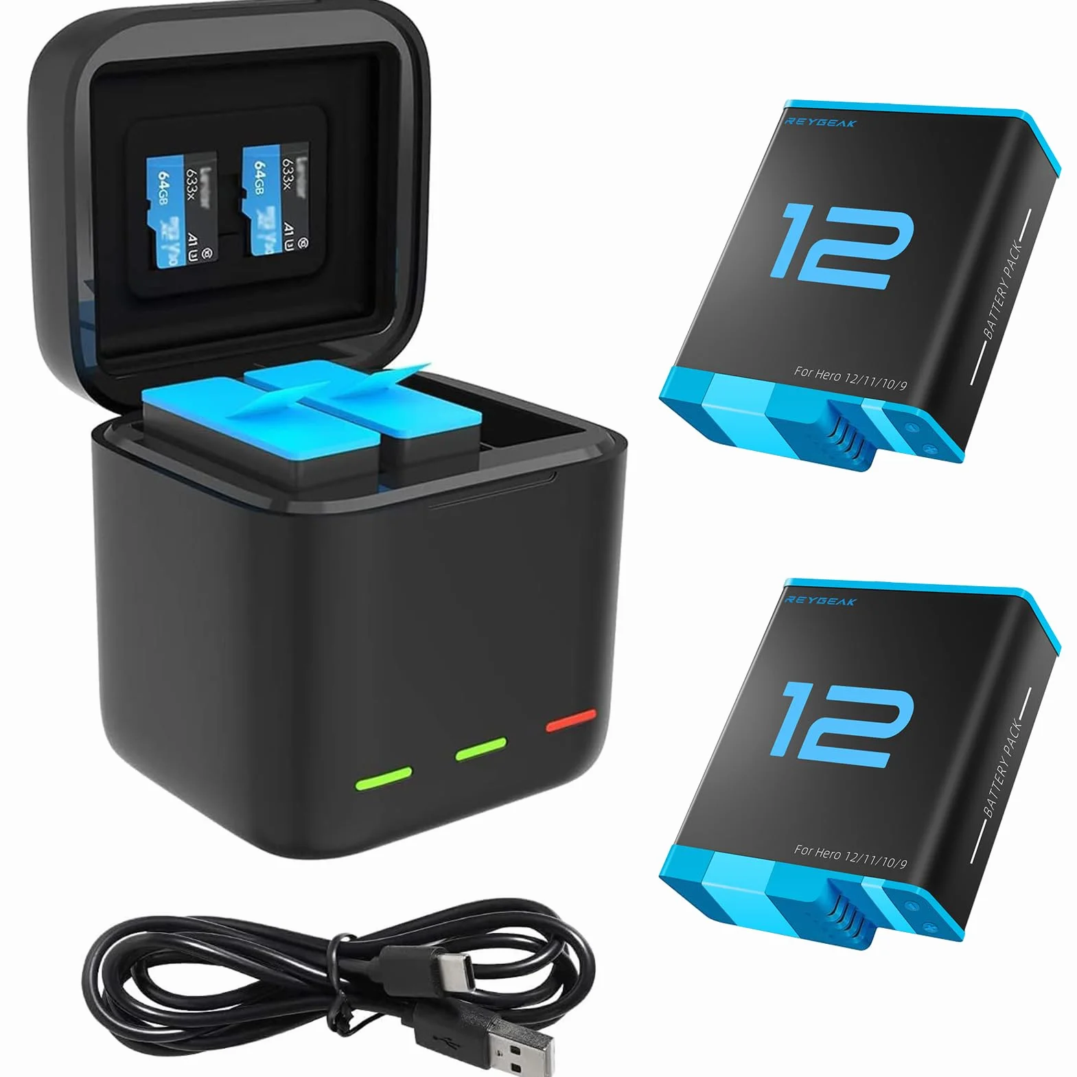 REYGEAK Lot de 2 Batteries et Chargeur Rapide 3 Canaux pour GoPro Hero 12 11 10 9