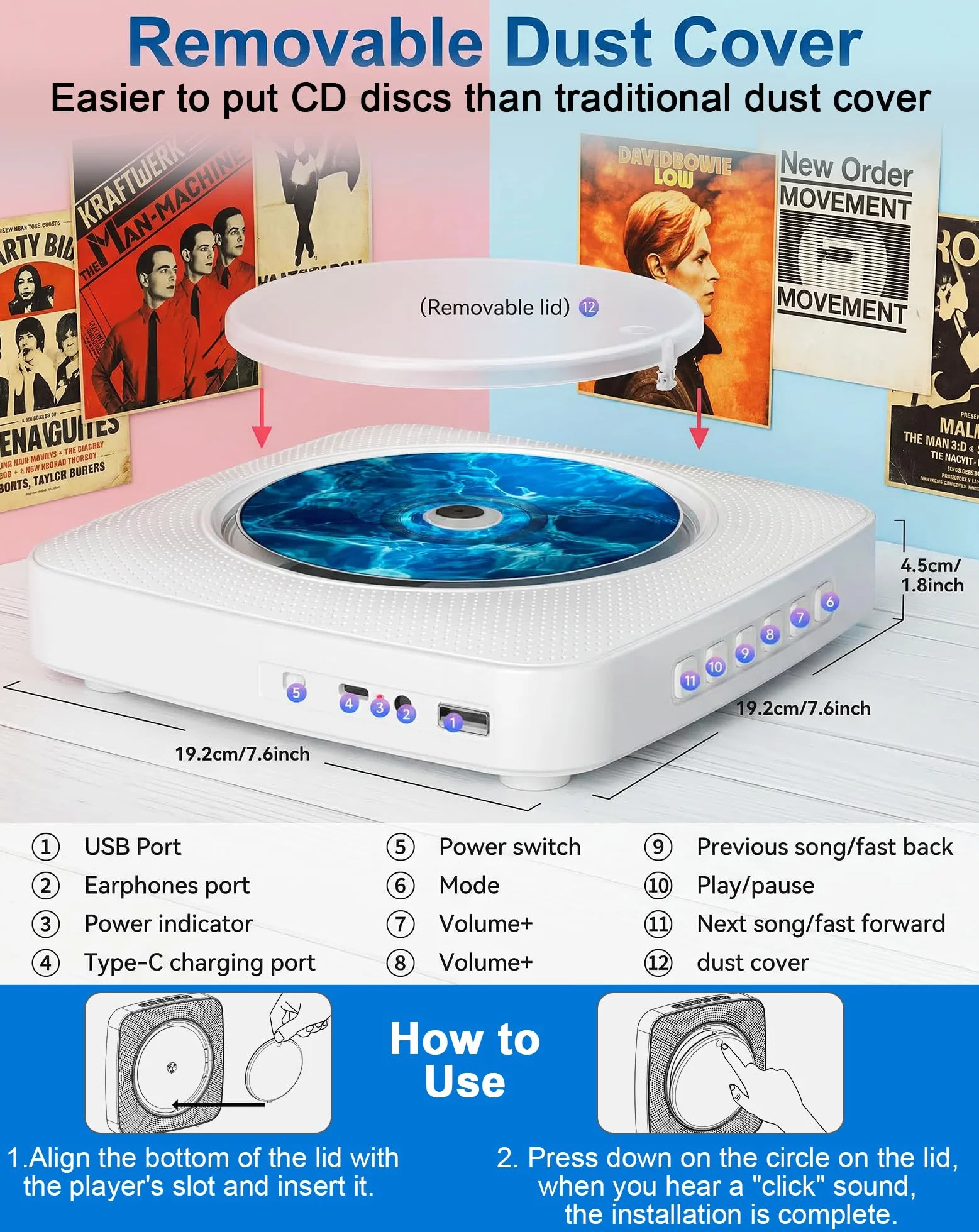 Lecteur CD Portable Bluetooth Radio Haut-Parleur Intégré USB AUX Télécommande Blanc