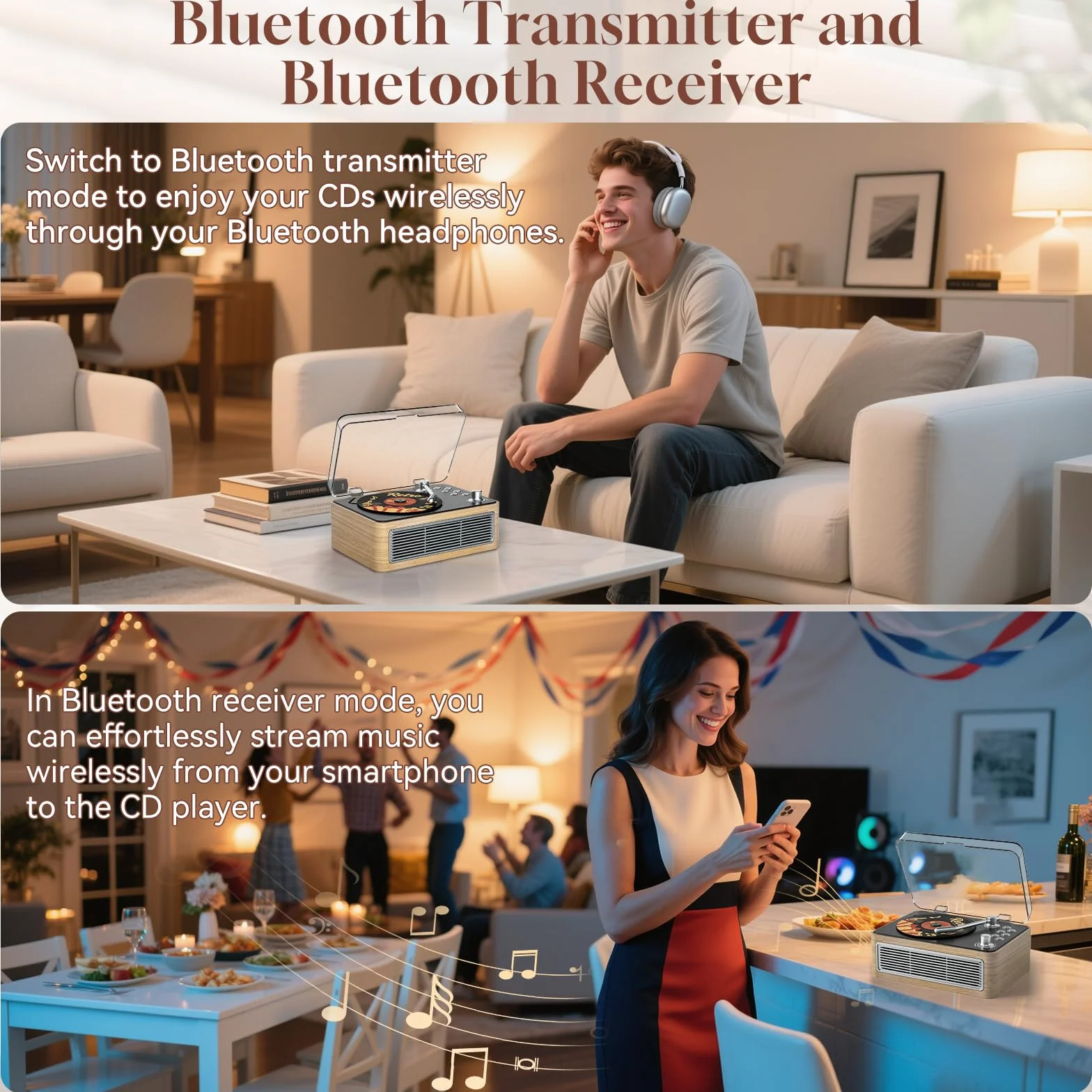 Lecteur CD Portable Bluetooth Rétro avec Batterie 3600 mAh Radio Télécommande Chêne