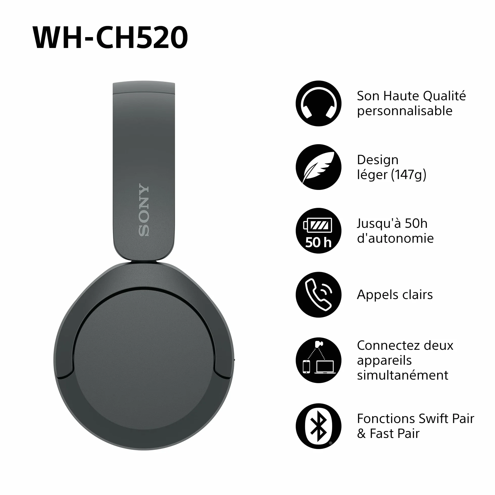 Casque Bluetooth sans Fil Sony WH-CH520, Multipoint, Micro intégré, 50 Heures Autonomie, Charge Rapide, Noir