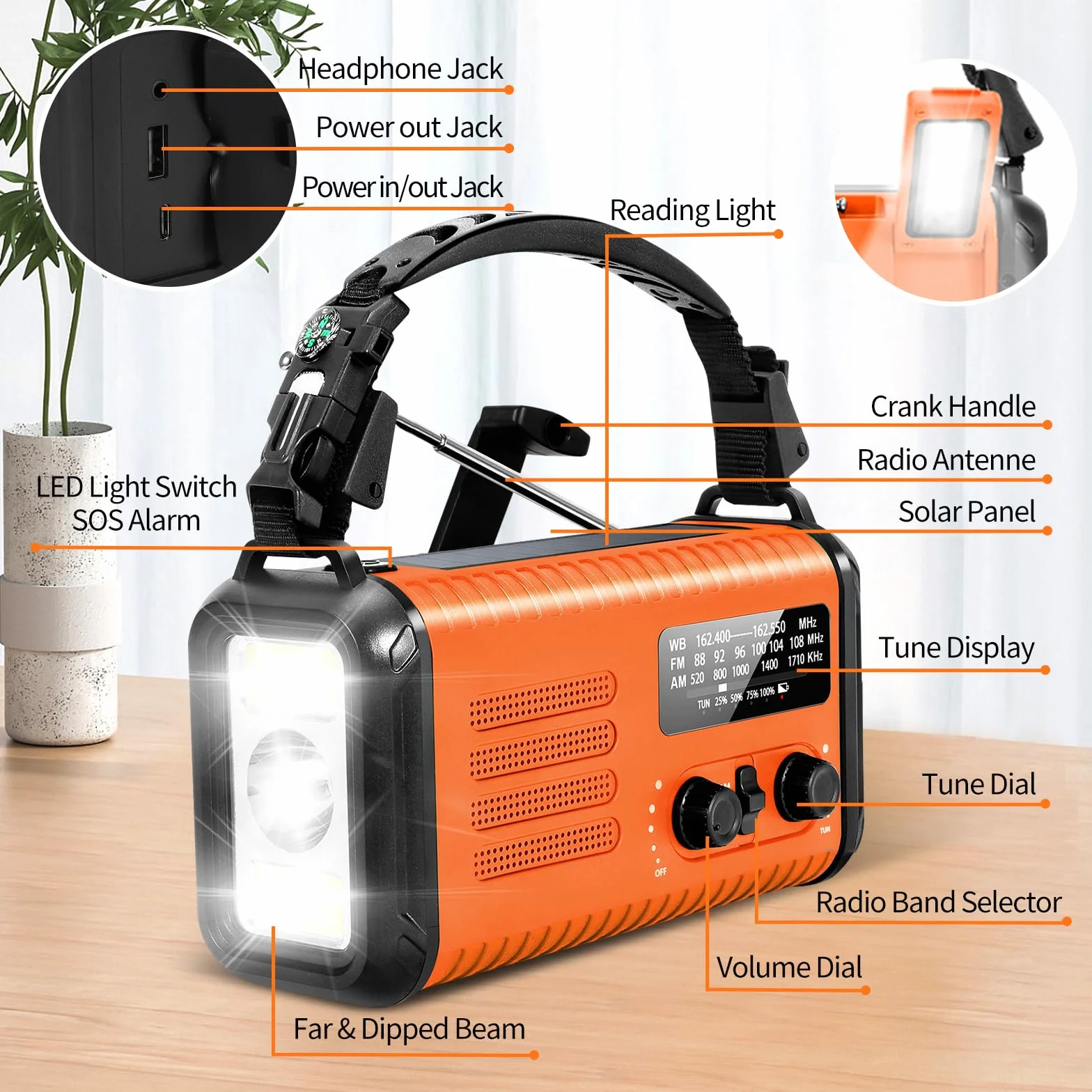 Radio de Secours à manivelle 20000 mAh NOAA AM FM Solaire Portable avec Lampe Torche SOS Orange