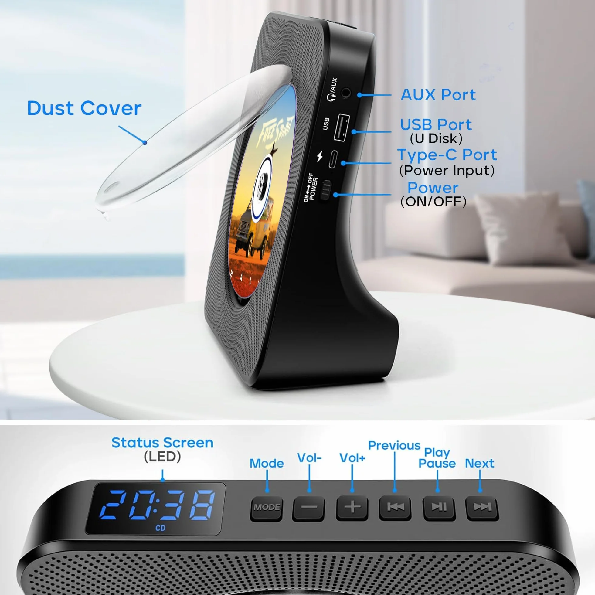 Lecteur CD Portable Bluetooth 4000mAh Rechargeable Voiture HiFi avec Télécommande USB AUX FM Radio Noir