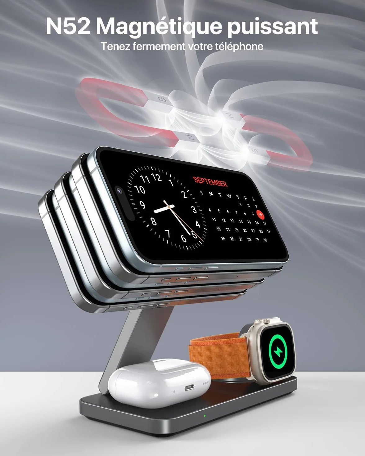 Station de Charge sans Fil Rapide pour iPhone 17 16 15 14 13 12 Pro Max Plus, Apple Watch 9 8 SE 7 6 5 4 3 2, AirPods 2 3 Pro