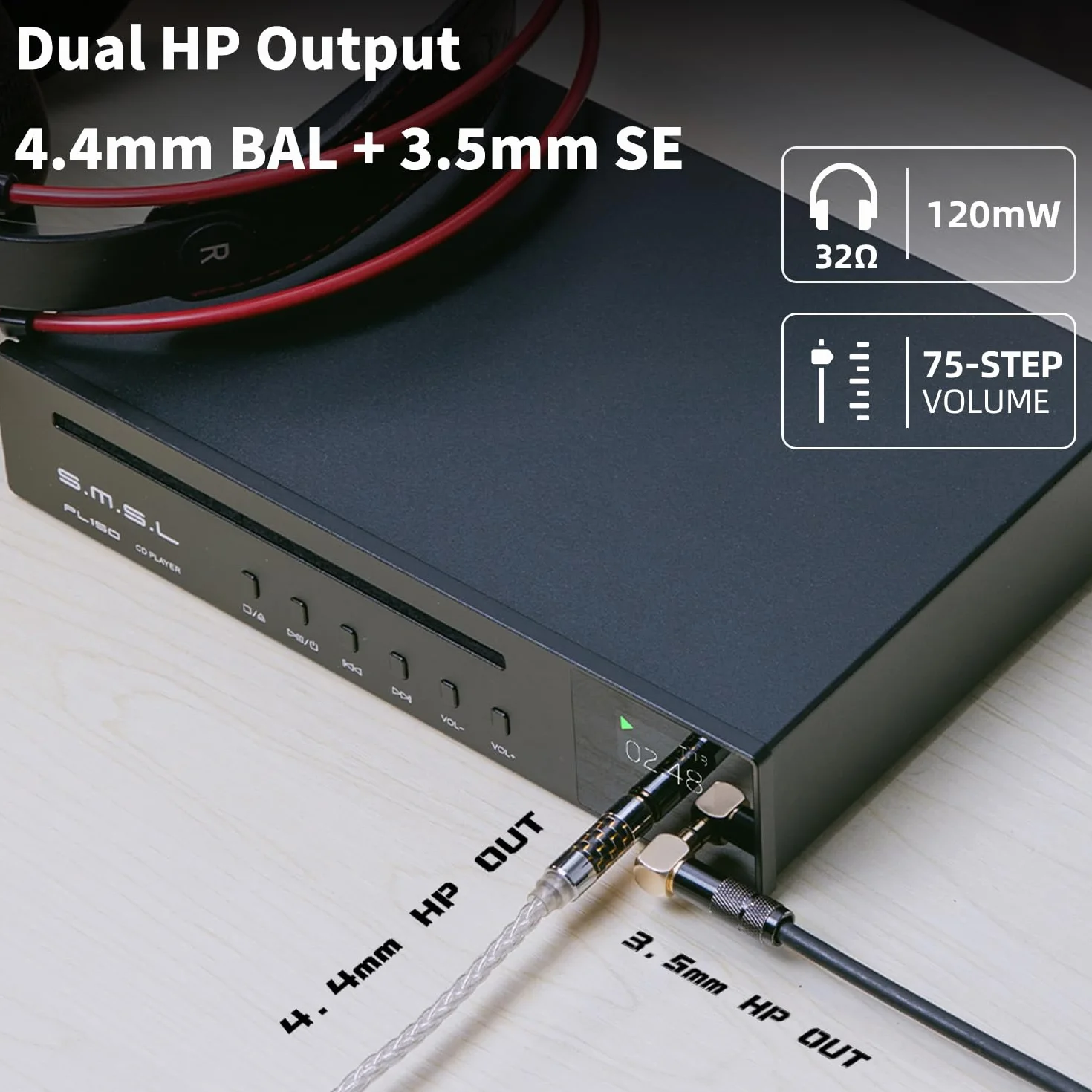 SMSL PL150 Lecteur CD Compatible CD MP3 RCA 3,5 mm 4,4 mm Fibre Optique Coaxiale CS43198 Argenté