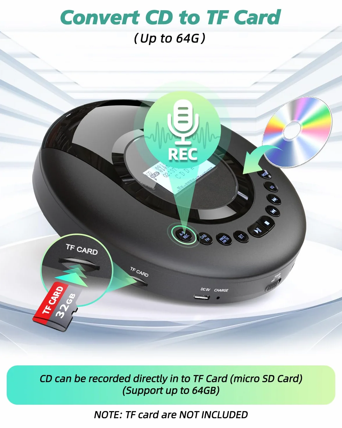 Arafuna Przenośny Odtwarzacz CD Bluetooth Radio DAB+/FM Antychokowy 2000 mAh Czarny