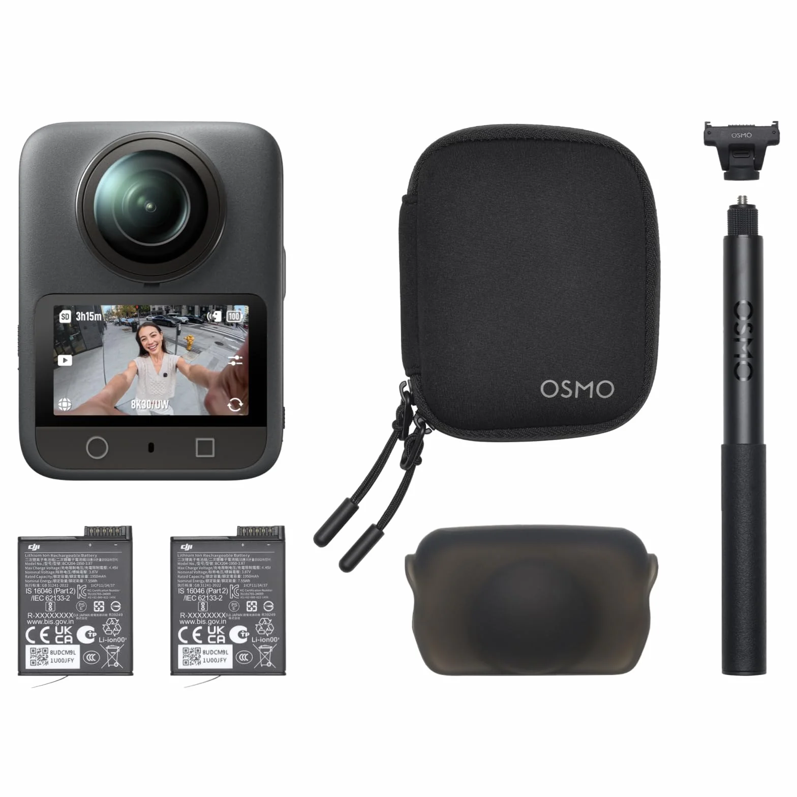 DJI Osmo 360 Bundle Essentiel, Caméra 360° 1 Pouce 8K Native, Perche Selfie Invisible 1,2m, 2 Batteries