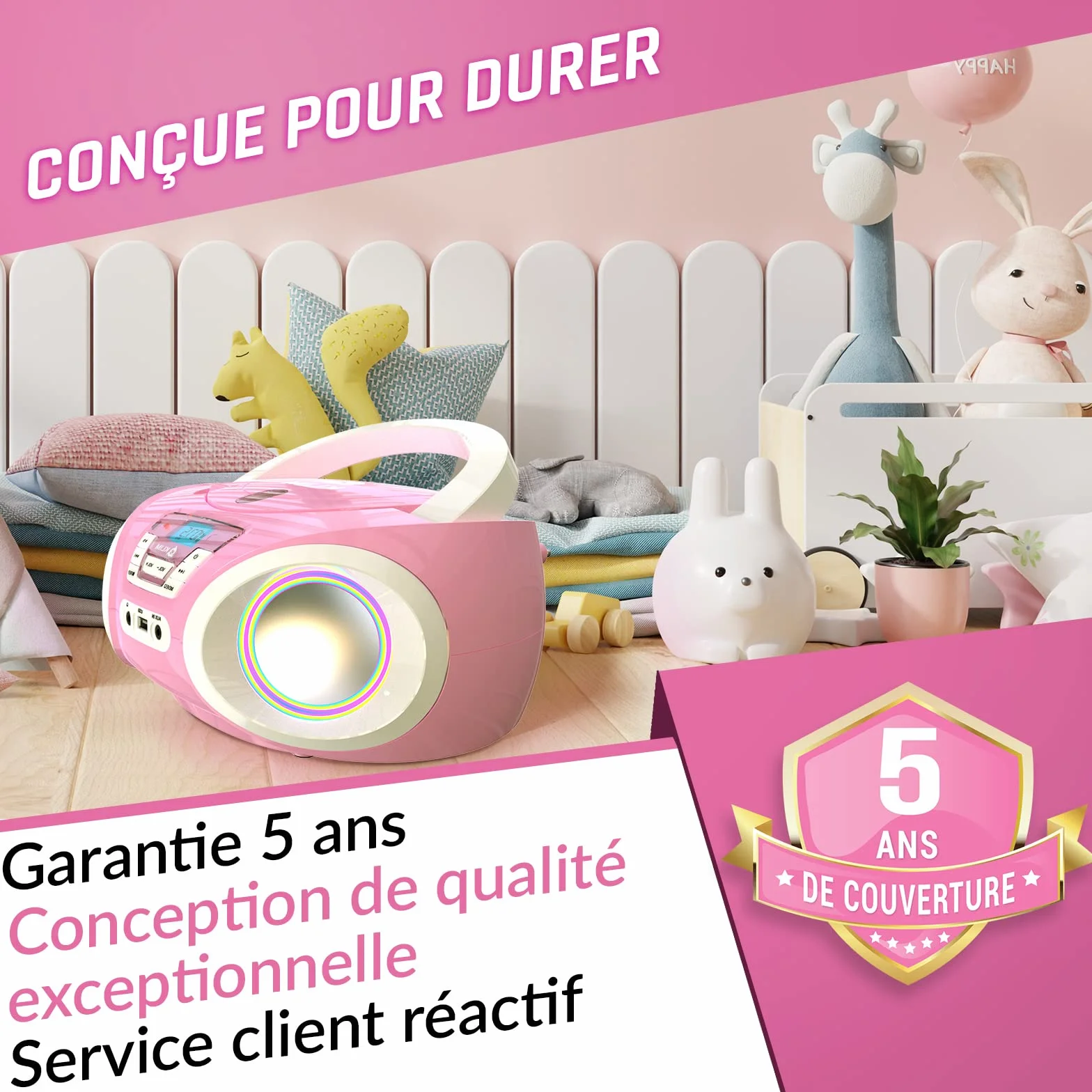 KLIM Candy Lecteur CD Enfant Radio FM Rose avec Haut-parleurs