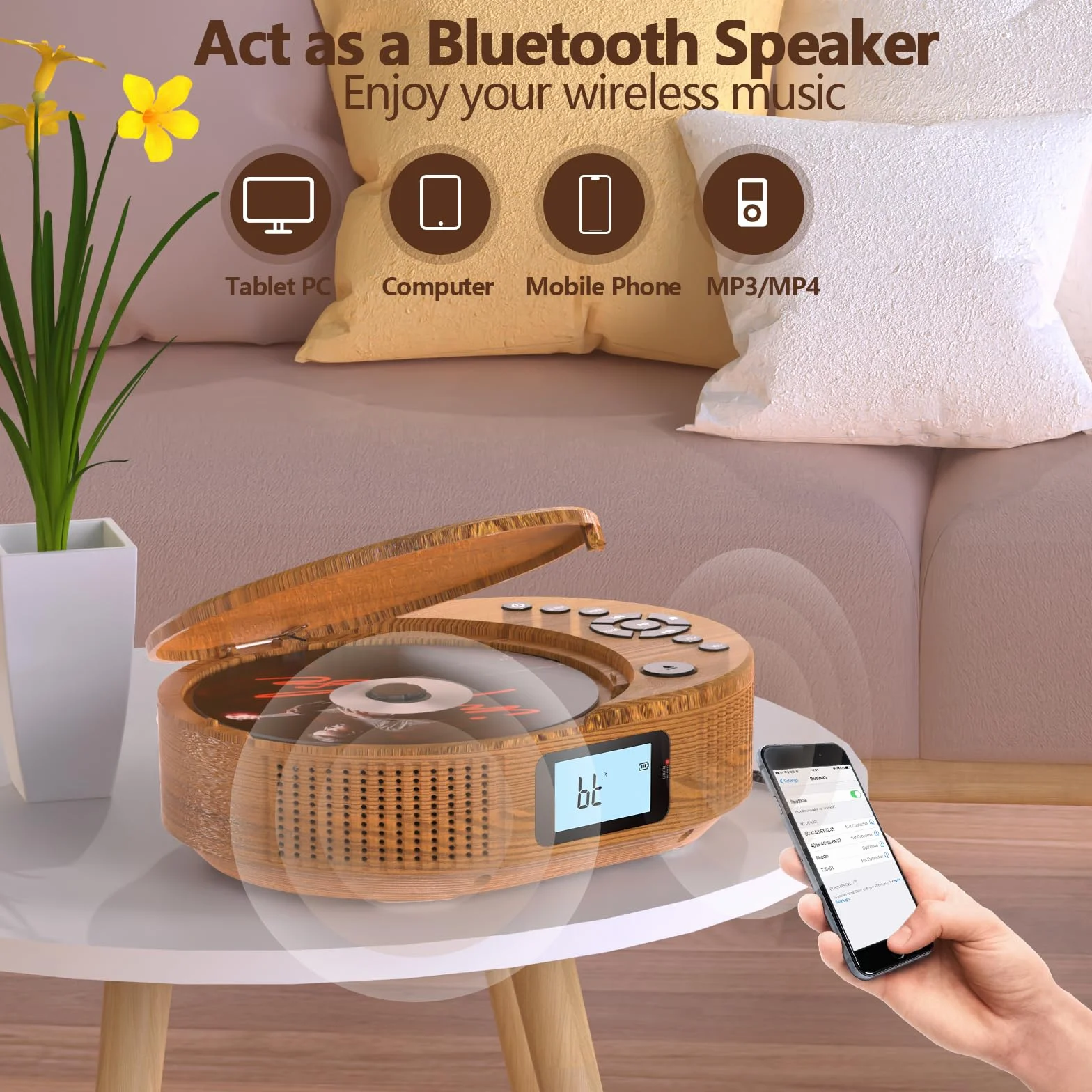 Lecteur CD Boombox Bluetooth 2en1 Portable Rechargeable Radio FM AUX USB