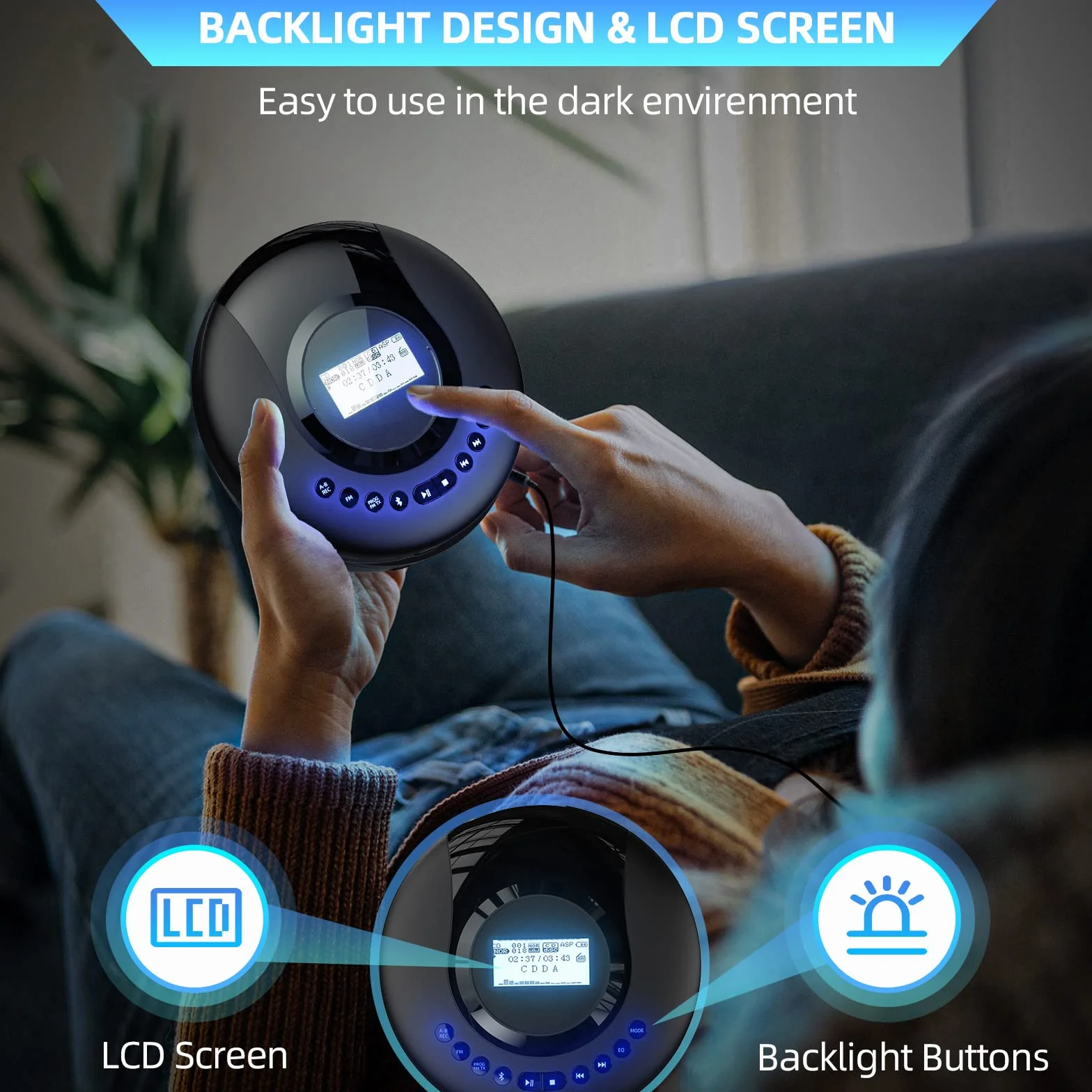 Lecteur CD Portable Bluetooth Rechargeable 2000 mAh avec écran LCD Protection Antichoc FM