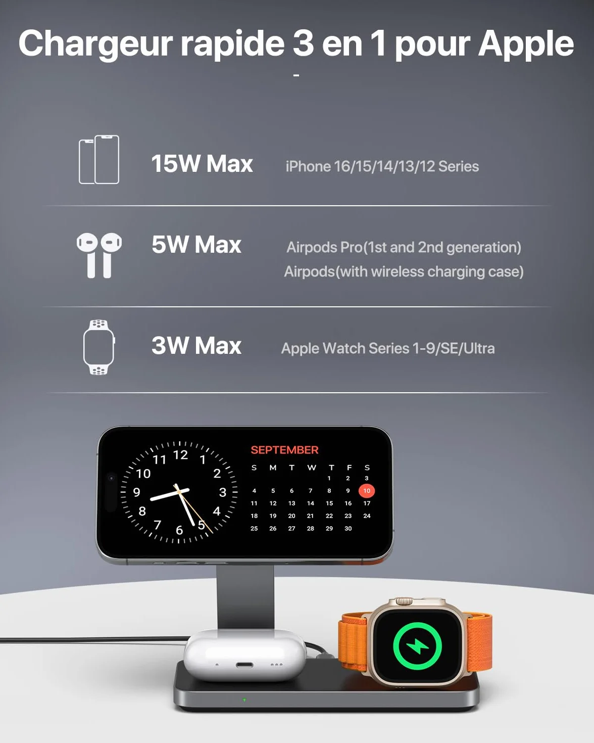 Station de Charge sans Fil Rapide pour iPhone 17 16 15 14 13 12 Pro Max Plus, Apple Watch 9 8 SE 7 6 5 4 3 2, AirPods 2 3 Pro
