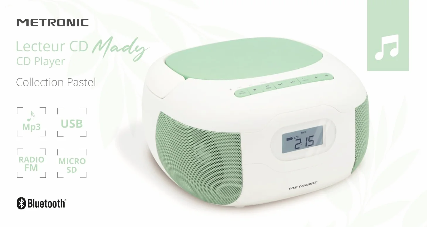 MOOOV Lecteur CD Radio FM Portable Bluetooth Boombox Stéréo MP3 USB AUX Micro-SD Vert