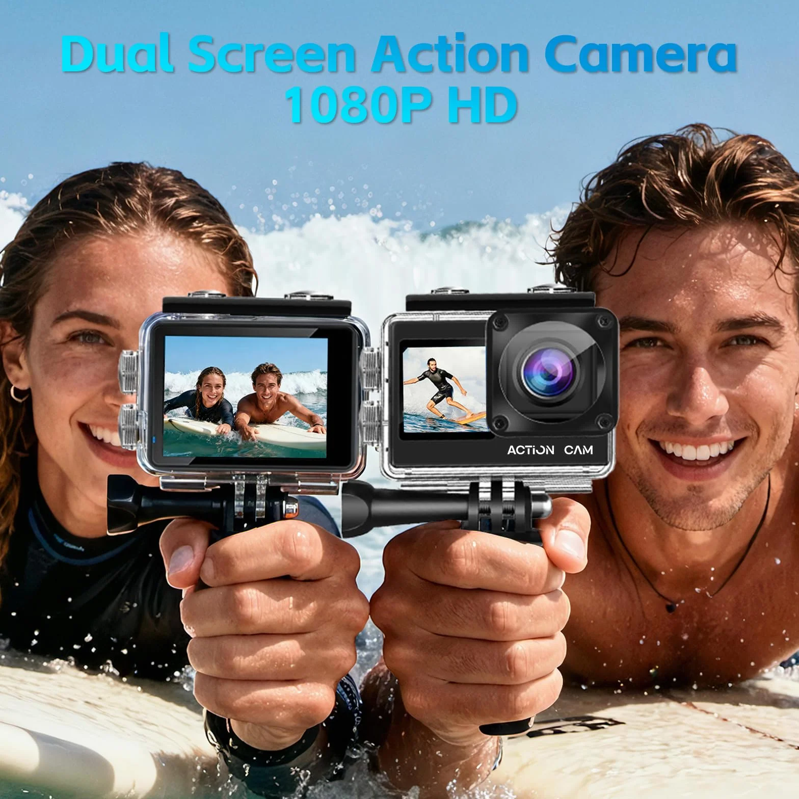 Caméra Sport 1080P FHD Waterproof Double Écran Étanche 40m 2 Batteries 1050 mAh Kit Accessoires