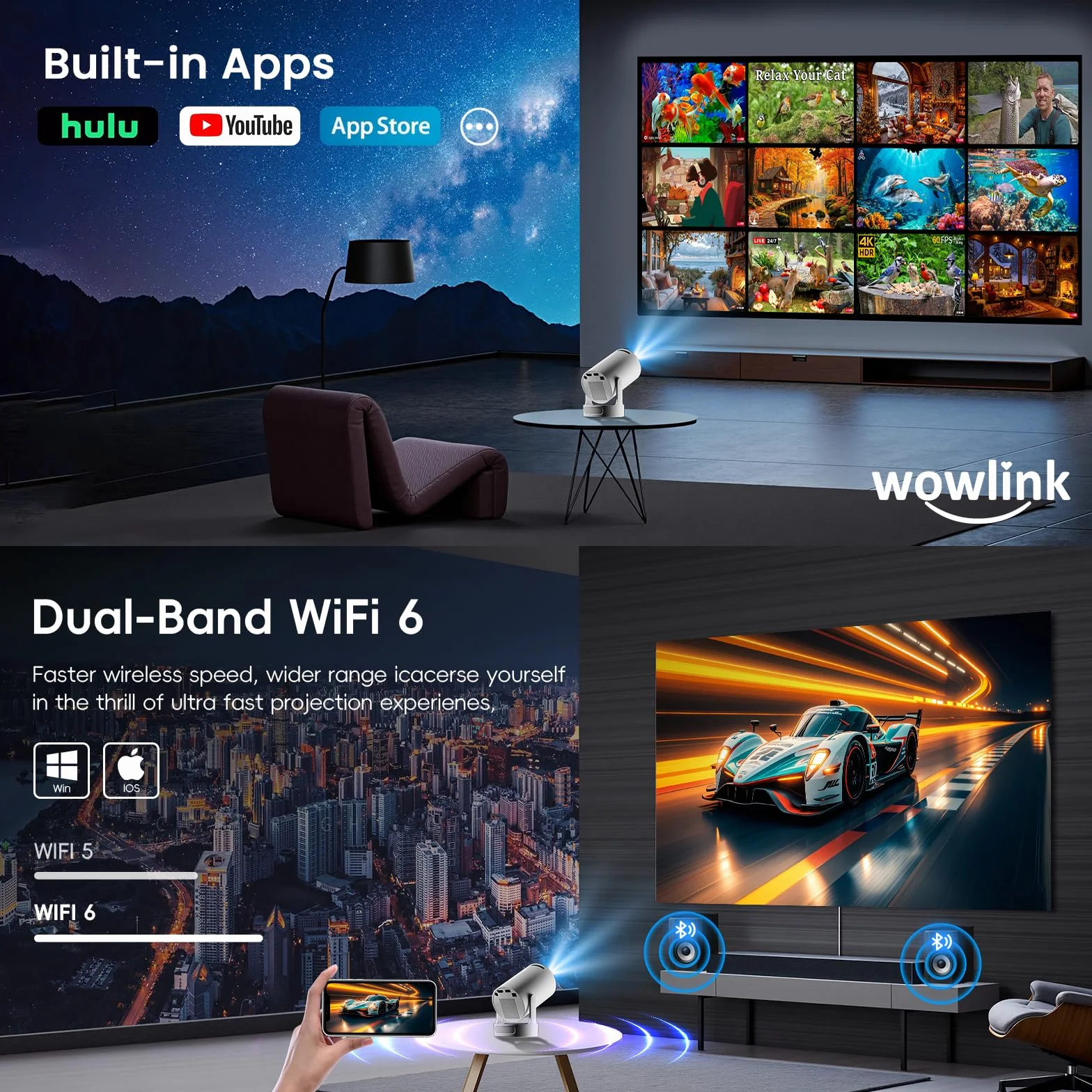 Vidéoprojecteur WiFi 6 Bluetooth 5.4 Mini Projecteur 4K 1080P Auto Keystone Rotation 180° HDMI TV Stick Laptop Blanc