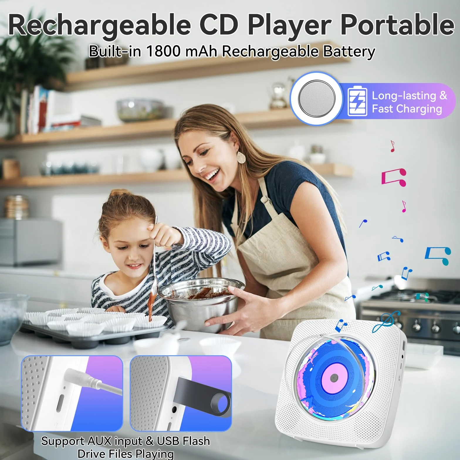 Lecteur CD Portable Bluetooth Kegaudio avec Radio, Télécommande, USB, AUX 3,5 mm Blanc