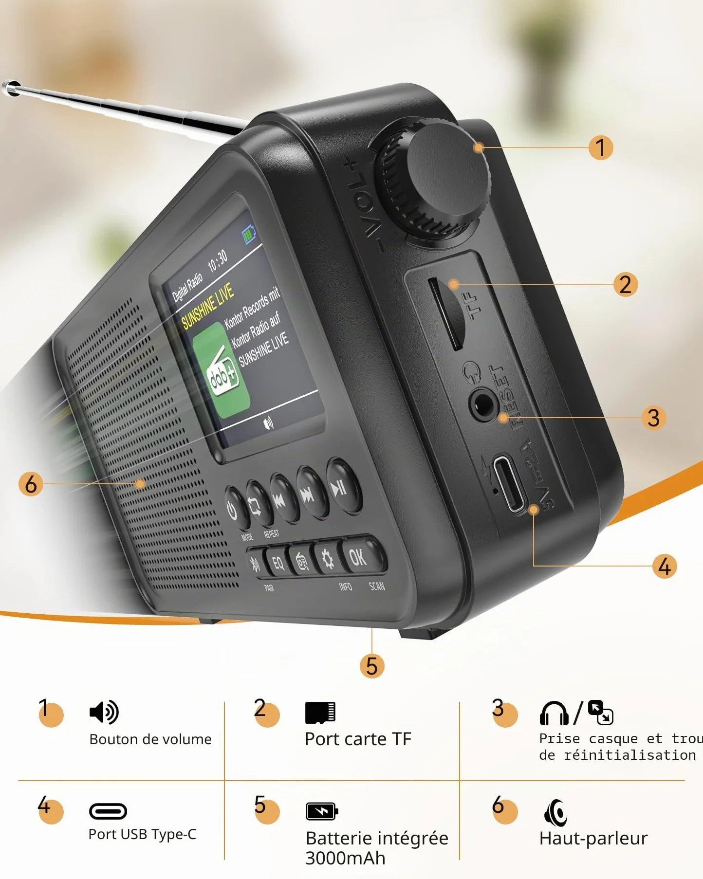 Mesqool Radio Numérique DAB/FM Bluetooth, Batterie 3000mAh, Type-C, 40 Stations FM et DAB Préréglées, Double Alarme