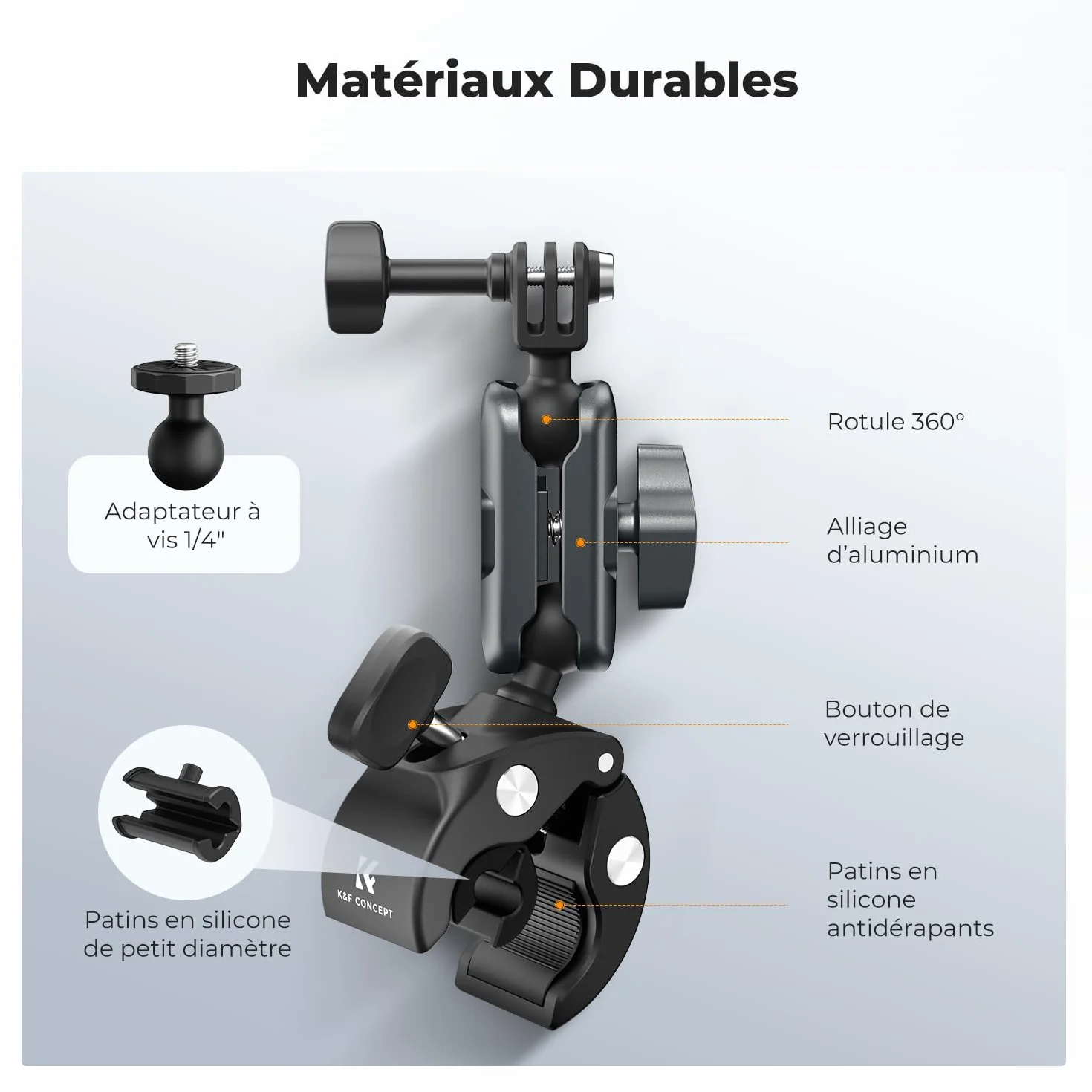 K&F CONCEPT Support Super Pinces pour Caméra Double Tête à Sphère 360° Compatible GoPro Hero 13/12 Insta360 X5/X4 Osmo Action 5 Pocket 3