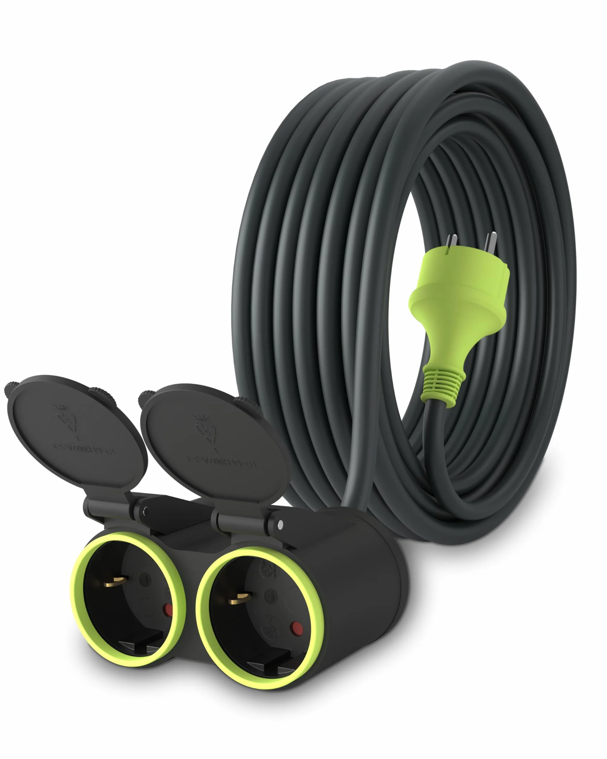 MutecPower Rallonge électrique extérieur 10m 2 Prises Schuko IP44 H05RR-F3G 1,5 mm² Noir/Vert
